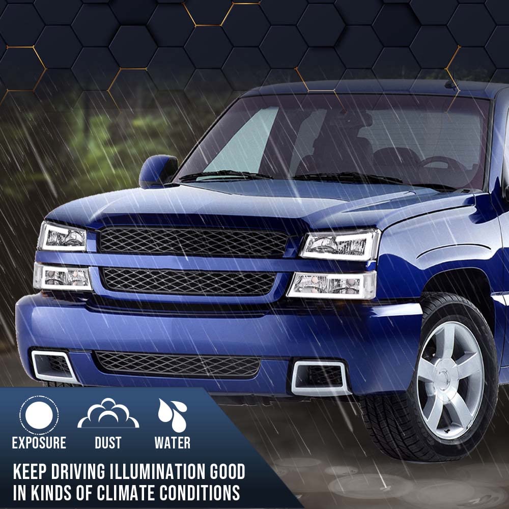 Pit66 Led Headlight, Compatible With 03-06 Chevy Silverado 1500 2500 3500 Hd Model/03-06 Avalanche 1500 2500(Fit No Cladding Only) Clear Lens Chrome Housing Clear Corner