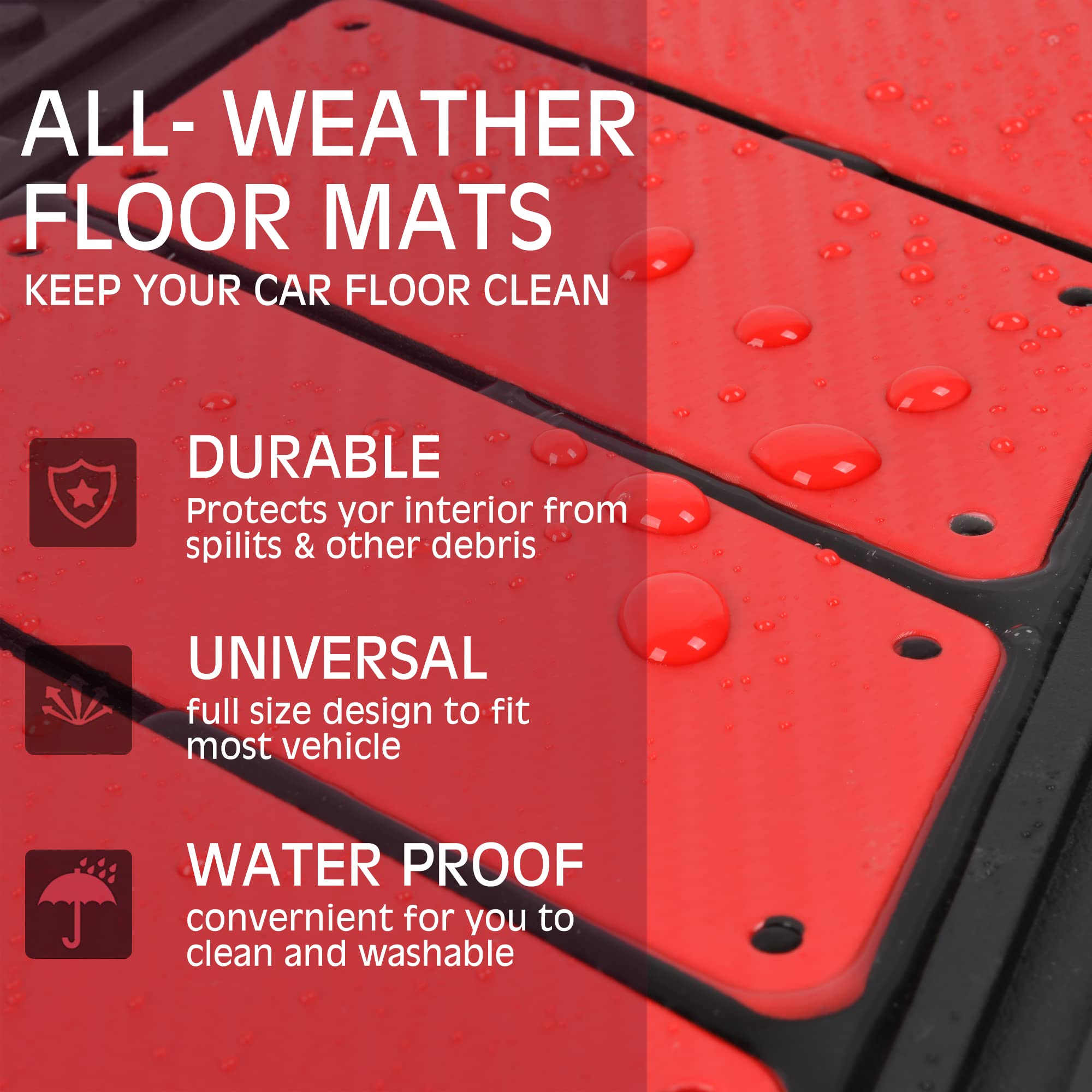 Car Pass Heavy Duty Rubber Floor Mats 4-Piece Car Mat Set - Universal Waterproof Carbon Fiber Floor Mats For Car Suv Truck, Durable All-Weather Mats(Black And Red)