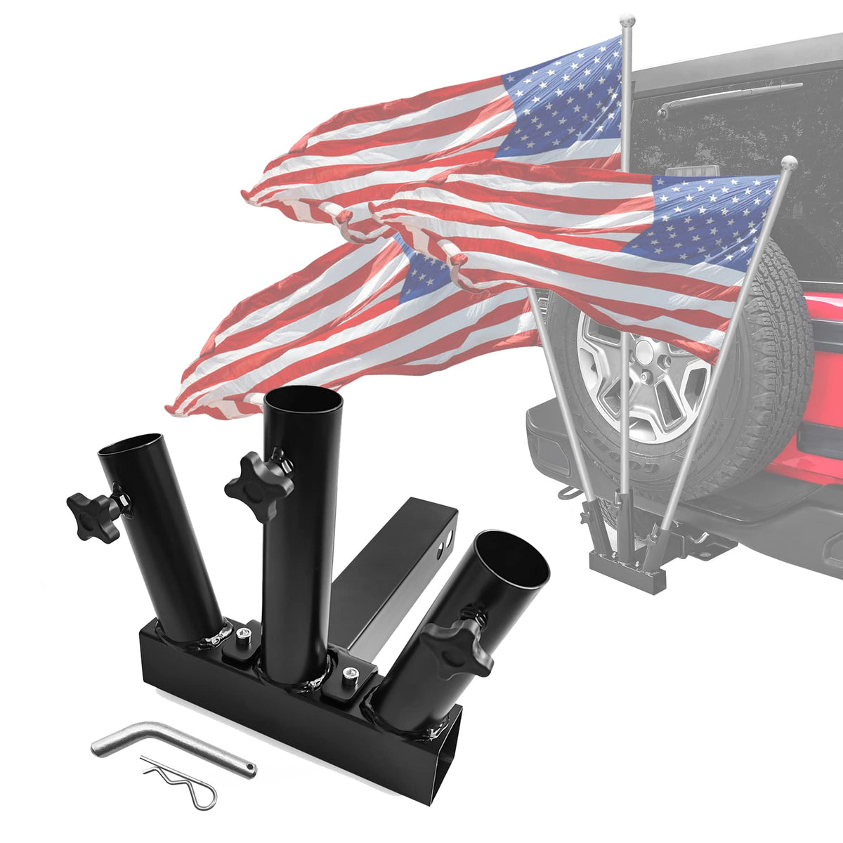 Kairay Hitch Mount 3 Flag Pole Holder Three-Headed Flagpole Universal For Standard 2 Inch Receiver Fit For Truck Suv Rv Pickup