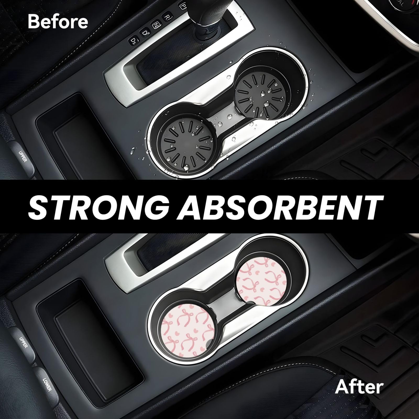 Pink Bow Love Heart Car Cup Holder Coaster 2 Pack Absorbent Ceramic Car Coasters For Cup Holders Car Accessories Interior For Wo