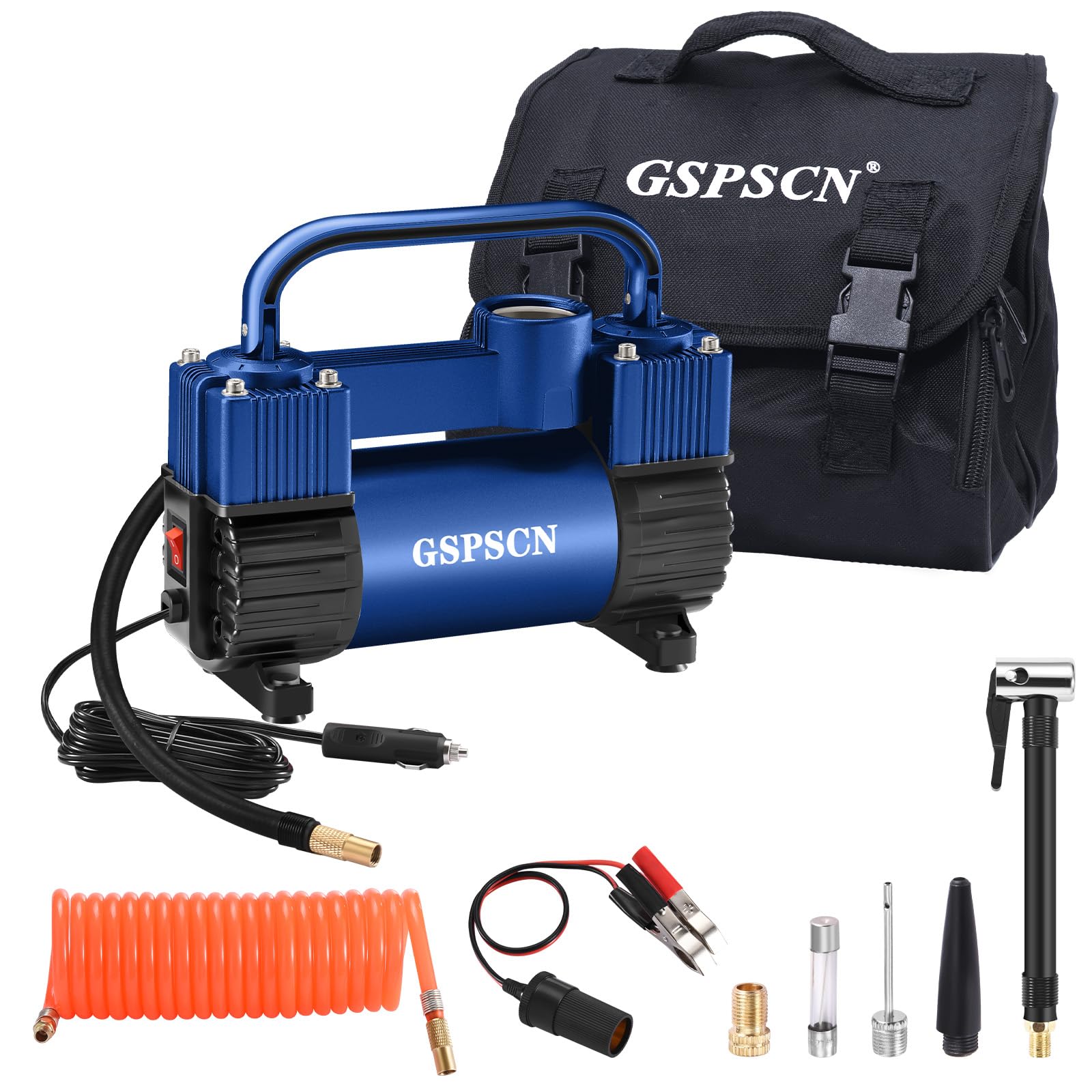 Gspscn Blue Tire Inflator Heavy Duty Double Cylinders With Portable Bag - Car Accessories,Metal Dc 12V Air Compressor Pump 150Ps