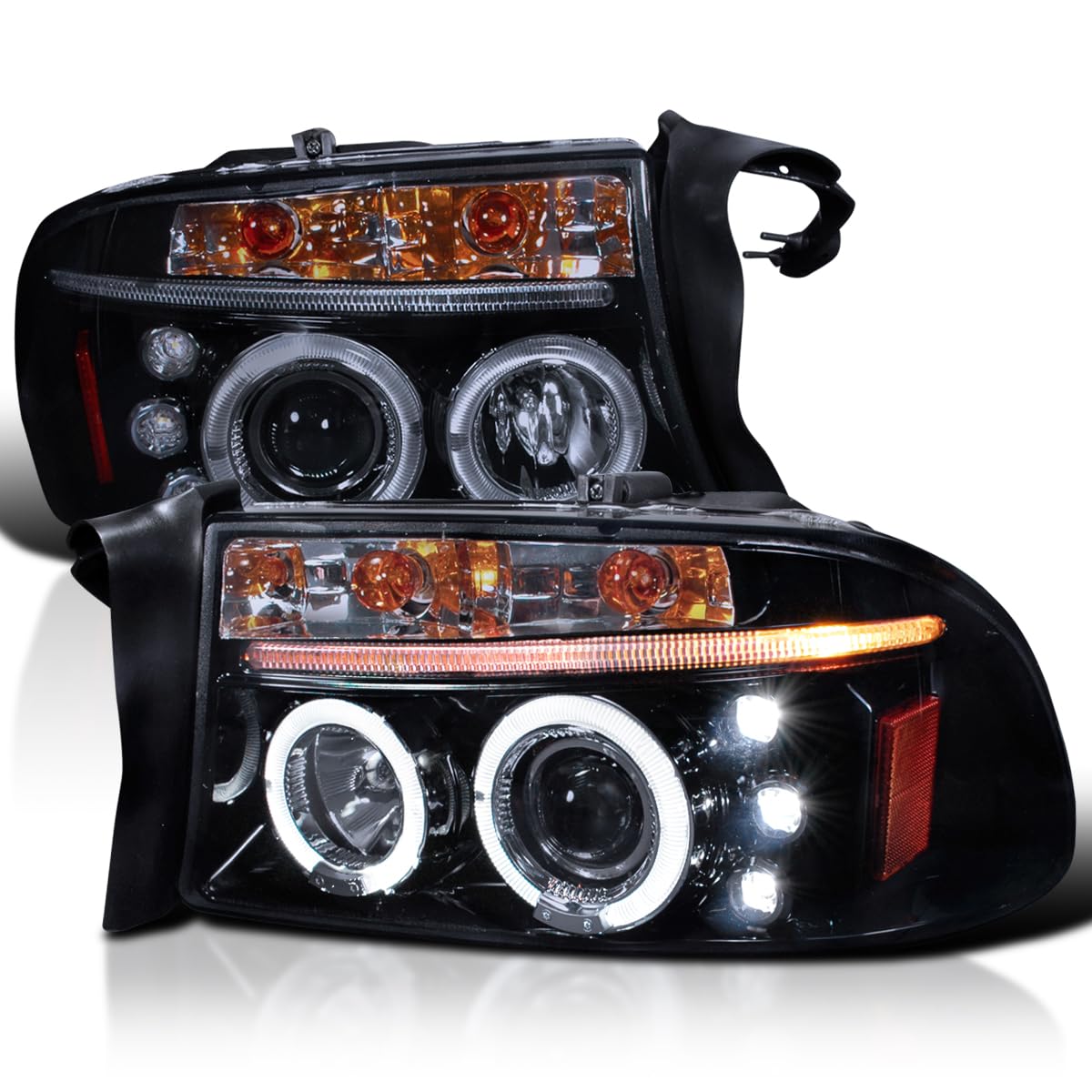 Spec-D Tuning Led Dual Halo Glossy Black Housing Smoke Lens Projector Headlights Compatible With 1997-2004 Dodge Dakota, 1998-20