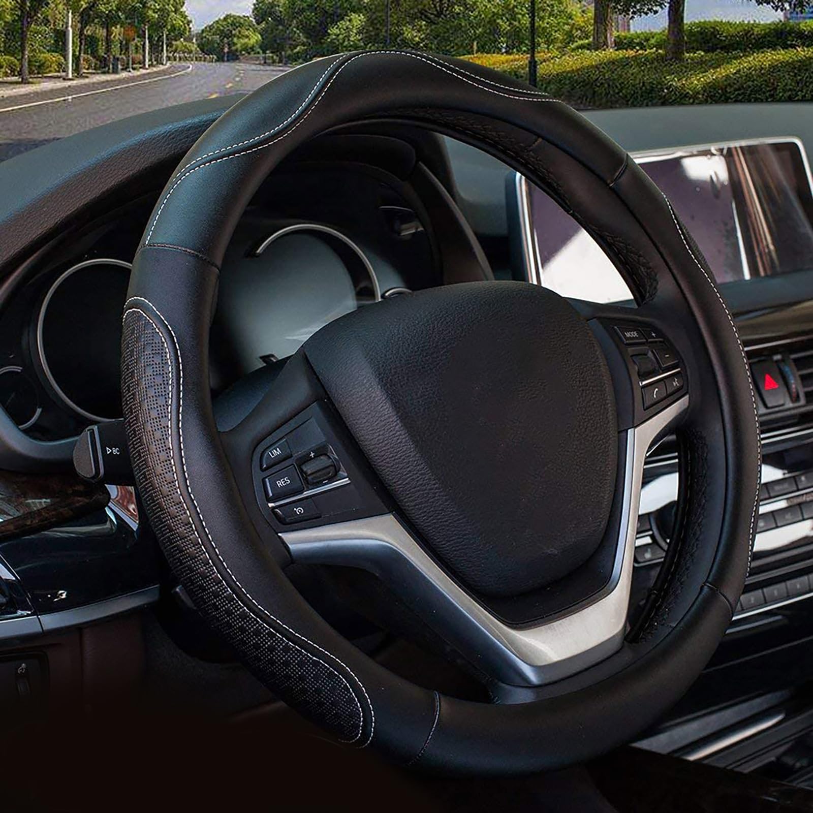 Valleycomfy Leather Steering Wheel Covers Universal 15.75 Inch -Breathable, Anti Slip & Odor Free (Black With White Lines,L(15 '