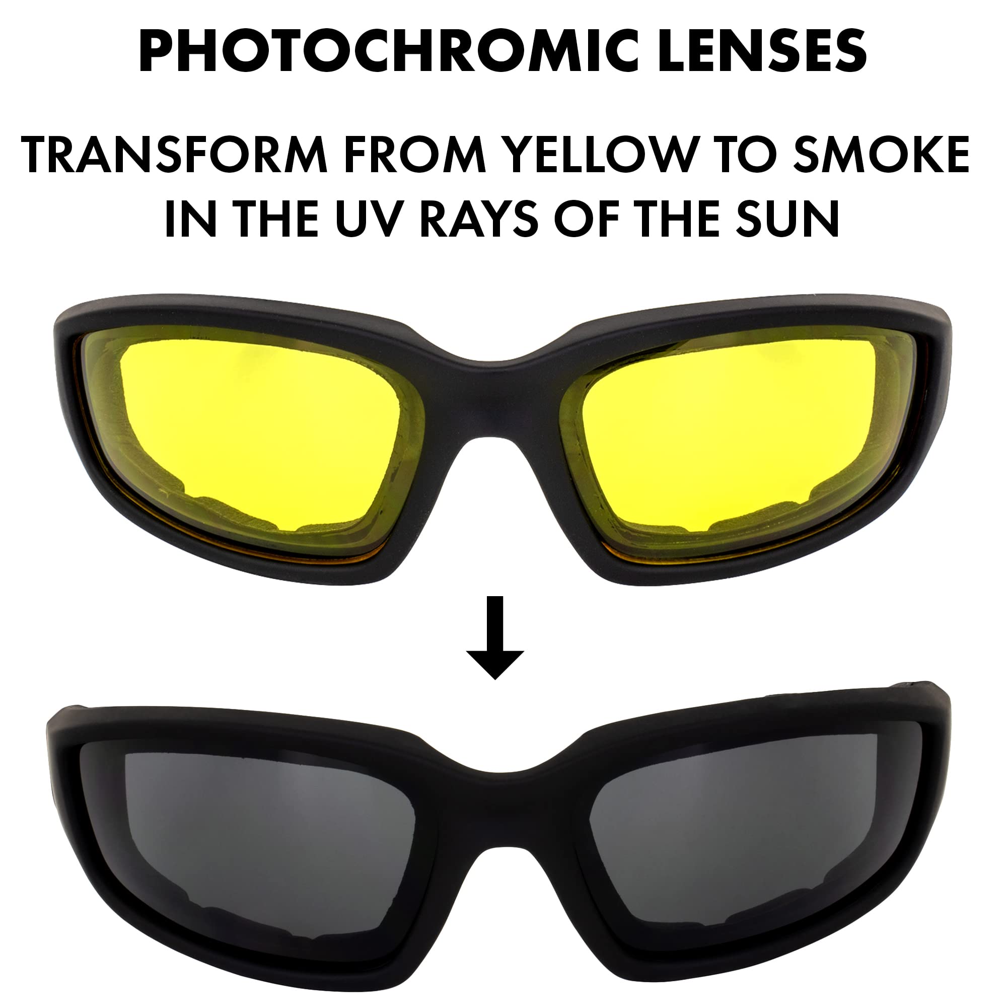 Global Vision Kickback Photochromic - Light Adjusting Yellow Tint To Smoke Lens - Padded Motorcycle Sunglasses