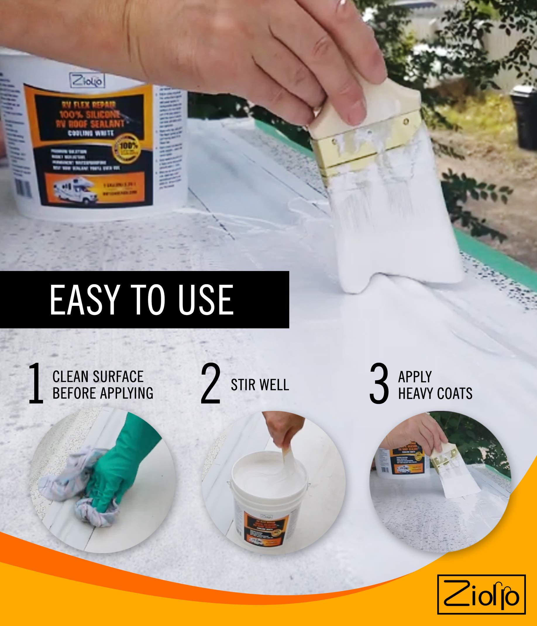 Ziollo Rv Flex Repair 100% Silicone Rv Roof Sealant - Premium Leak Repair & Waterproofing For Motorhomes, Trailers, And Campers - One Coat, No Priming Needed, 1 Gallon