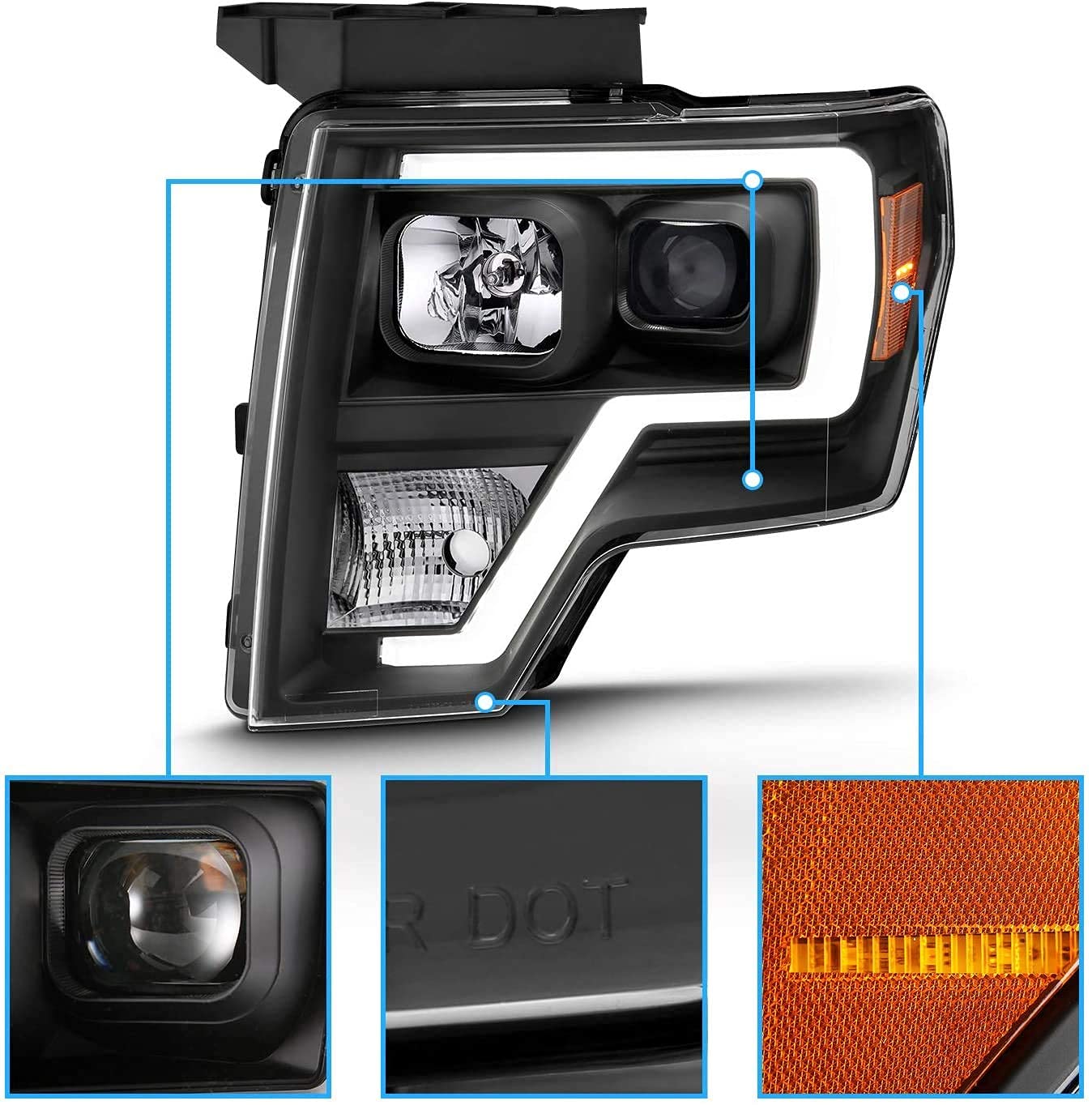 Amerilite For 2009-2014 Ford F150 Truck Led Bar Square Projector Halogen Black Headlights Set High/Low Beam Bulb Included - Driv