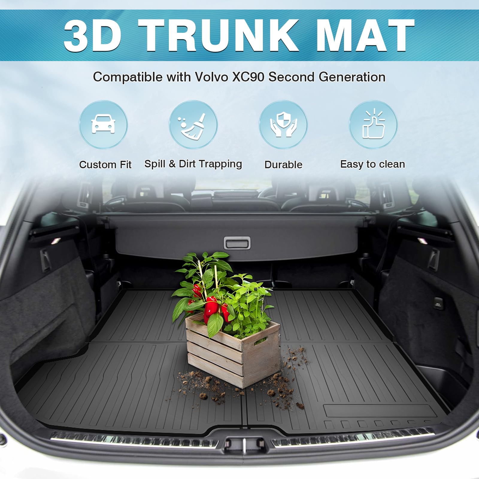 Mixsuper Custom Fit Cargo Liner for Volvo XC90 2016-2025, Trunk Liner for XC90 Accessories All Weather Cargo Mat Behind 2nd Row