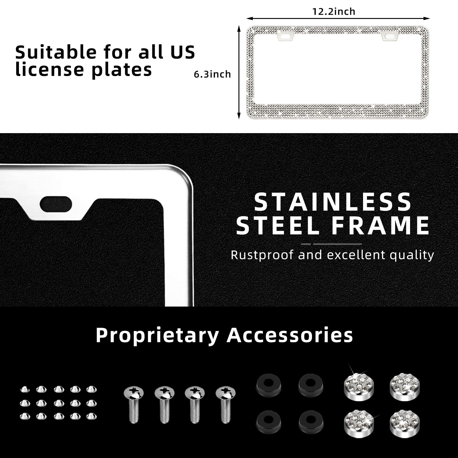 Oklpf 2 Pack White Bling License Plate Frames, Sparkly Diamond Car License Plate Holder, Suitable For Both Men And Women, Come W