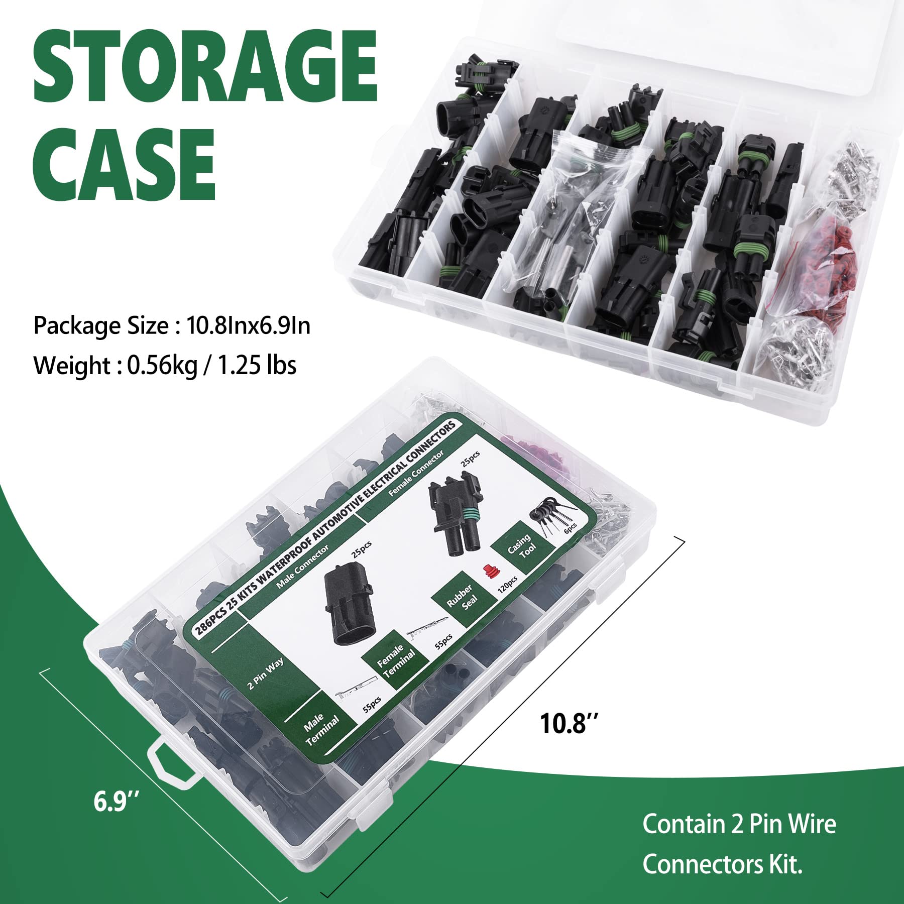 Kikerike 286Pcs 25 Kits Waterproof Automotive Electrical Connectors 2 Male&Female Pin 22-14Awg Wire Harness Spark Plug Connector Terminals Plug Kit Car