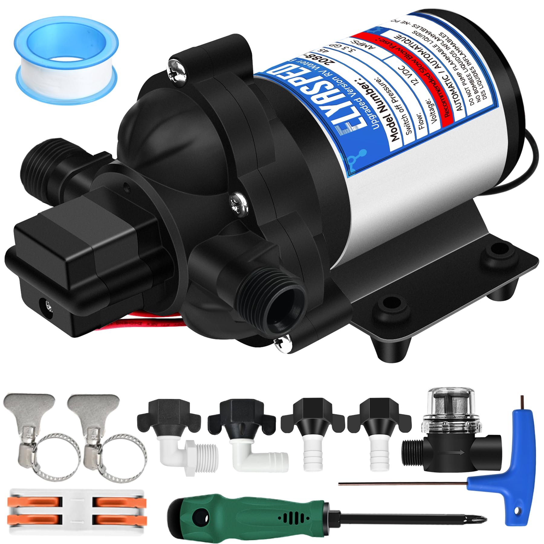 2026 Upgraded 2088-422-144 RV Fresh Water Pump,12V 3.3GPM Self-Priming Diaphragm Water Pump,45PSI,Includes Pressure Switch and D