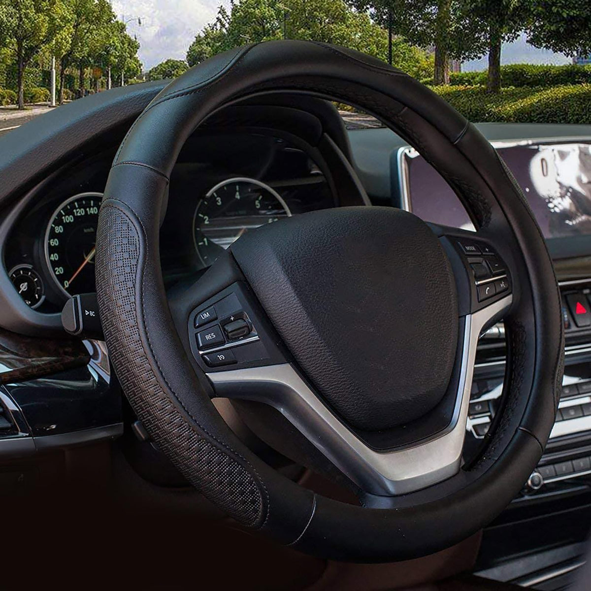 Valleycomfy Leather Steering Wheel Covers Universal 15 inch -Breathable, Anti Slip & Odor Free (Black with Black Lines,M(14'' 1/