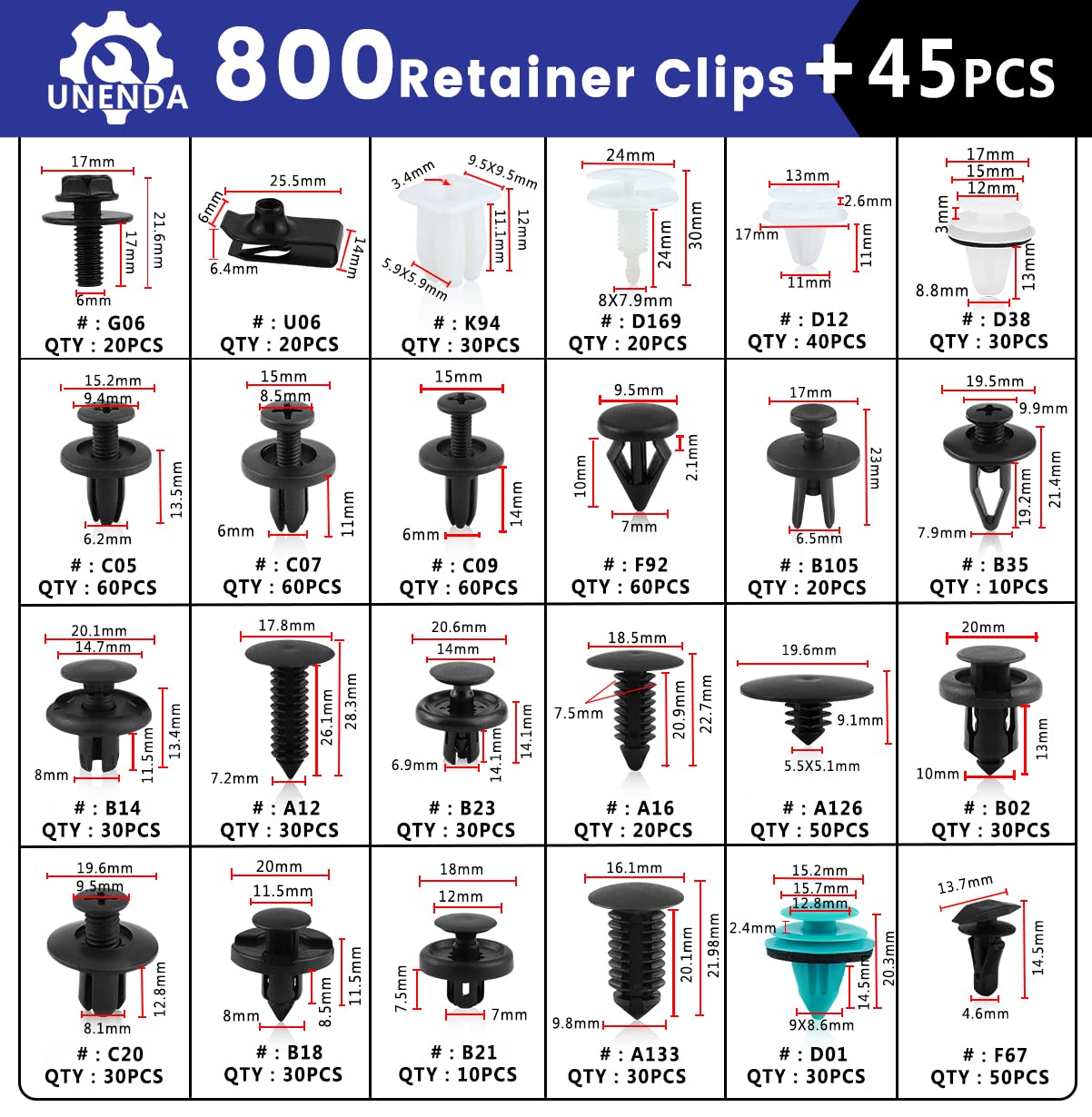 845Pcs Car Push Retainer Clips & Auto Fasteners Assortment-24 Most Popular Sizes Nylon Bumper Fender Rivets With 10 Cable Ties And Blue Fastener Remover For Ford Gm Toyota Honda Chrysler Benz Nissan