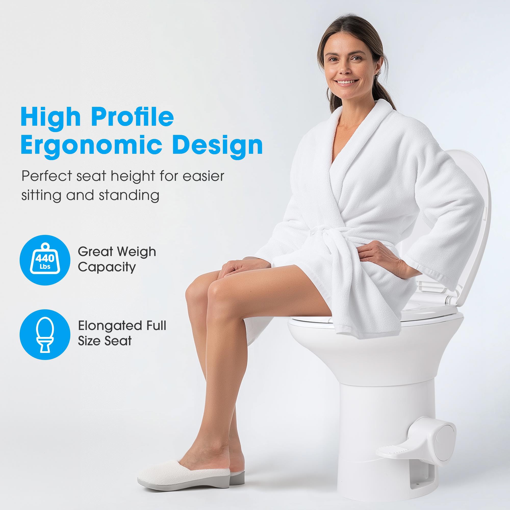 AW RV Toilet Porcelain Enamel & HDPE Gravity Flush Camper Trailer Toilet Elongated 20 High Profile Foot Pedal Flush Motorhome