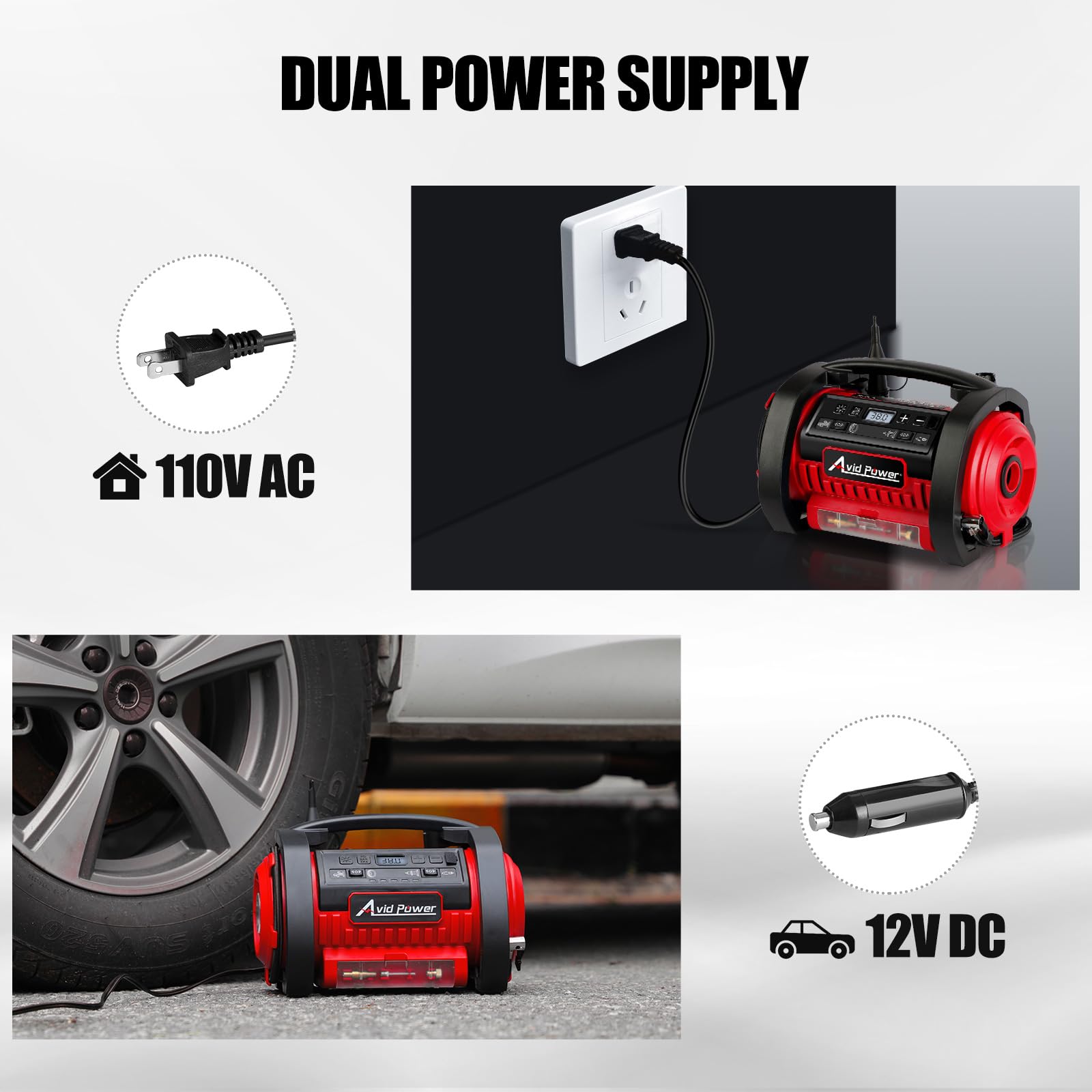 Avid Power Tire Inflator Portable Air Compressor, 12V Dc / 120V Ac Car Tire Pump, Air Mattress Pump With Inflation And Deflation