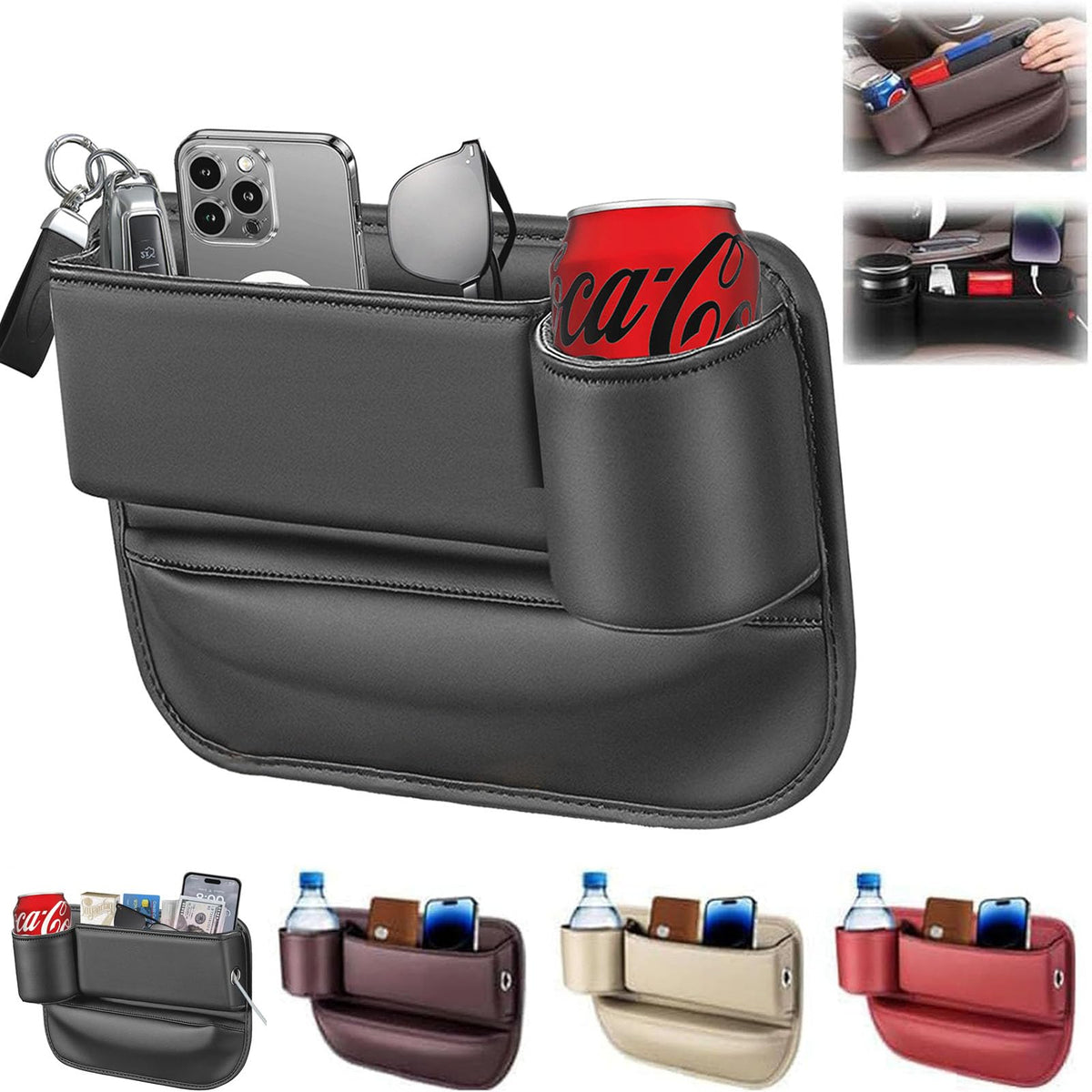 Car Leather Cup Holder Gap Bag, Car Seat Gap Filler Organizer with Cup Holder and Charging Hole, Leather Car Seat Gap Filler Org