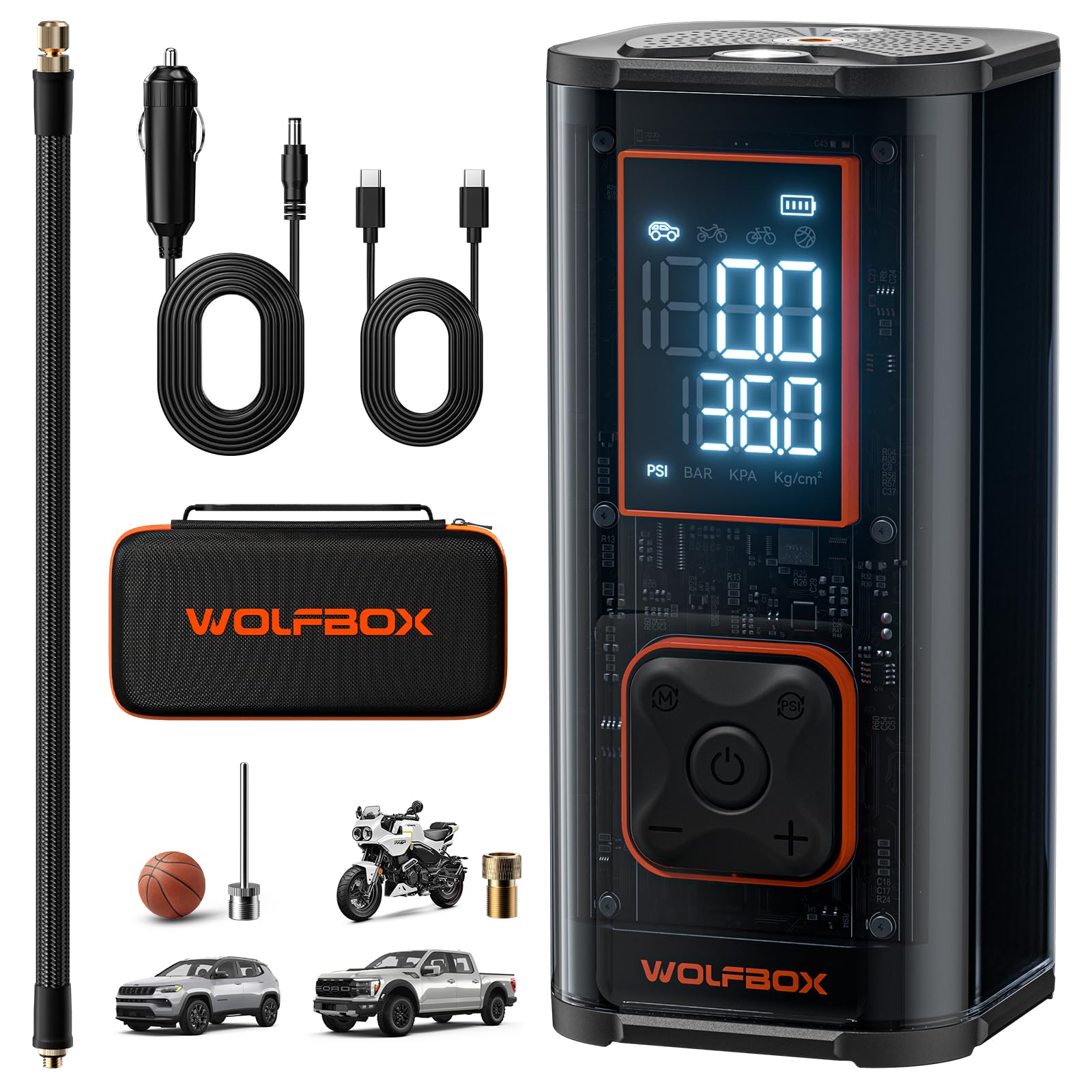 WOLFBOX 12000mAh&150PSI Heavy Duty Tire Inflator Portable Air Compressor,Double- cylinder 58LPM Fast Air Pump for Car Tires,3.5'