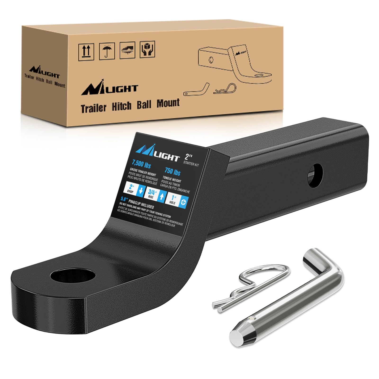 Nilight Trailer Hitch Ball Mount With 5/8'' Hitch Pin Clip Fits 2 Inch Receiver Square 7500 Lbs 2'' Drop, 3/4    Rise, 1    Hole
