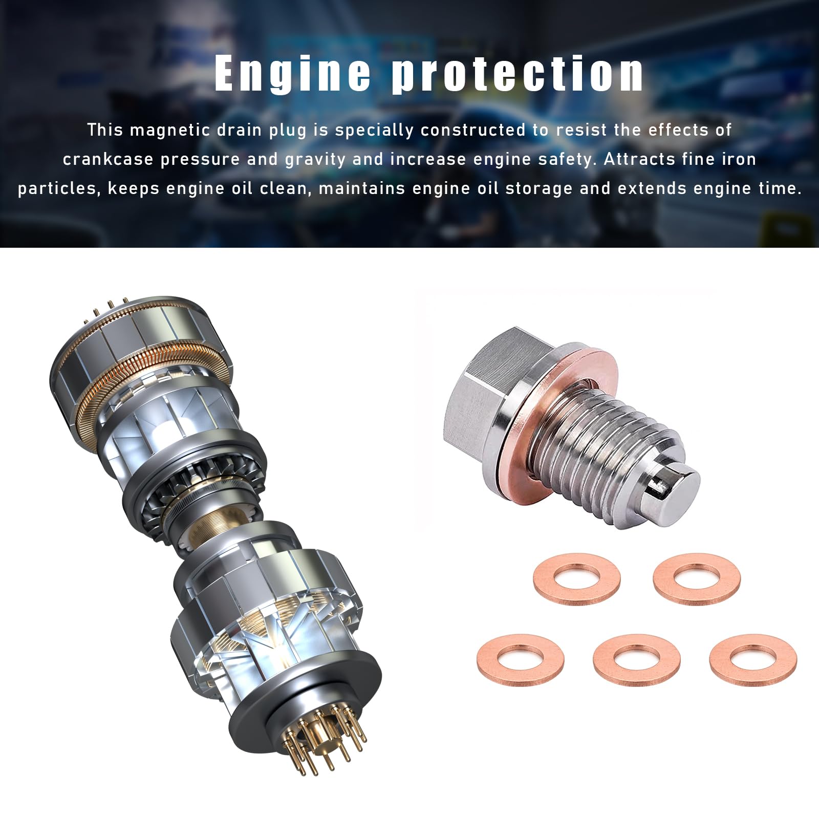 Povtii M12 X 1.25 Magnetic Oil Drain Plug, Stainless Steel Sump Drain Nut Bolt With 5 Crush Washer Gaskets, Leak-Proof Oil Drain