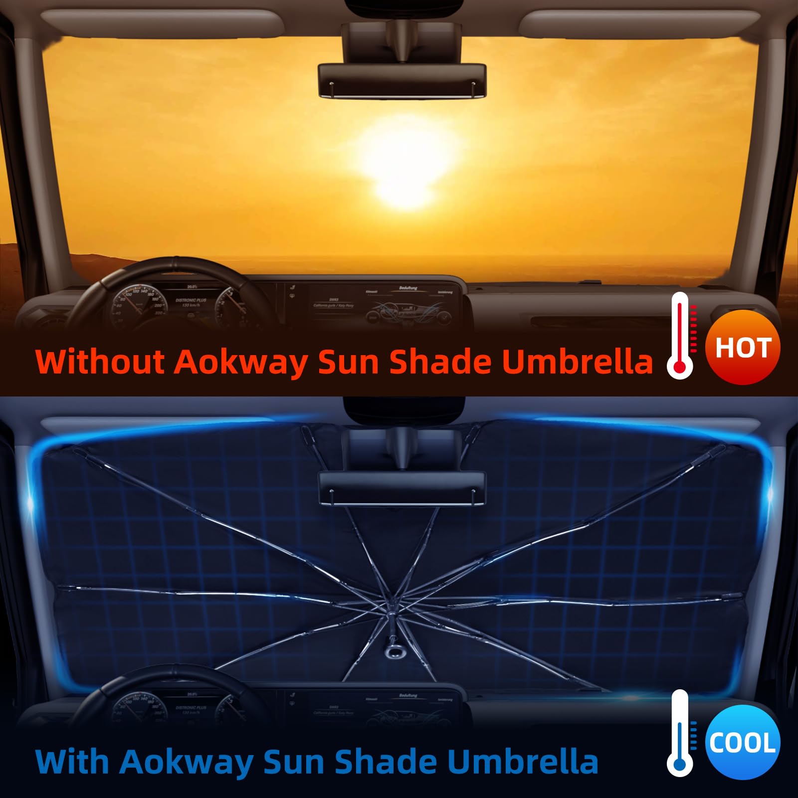 AOKWAY Windshield Sun Shade Umbrella, Foldable Car Sunshade with UV Blocking - Protect Car from Sun Rays & Heat Damage Keep Cool