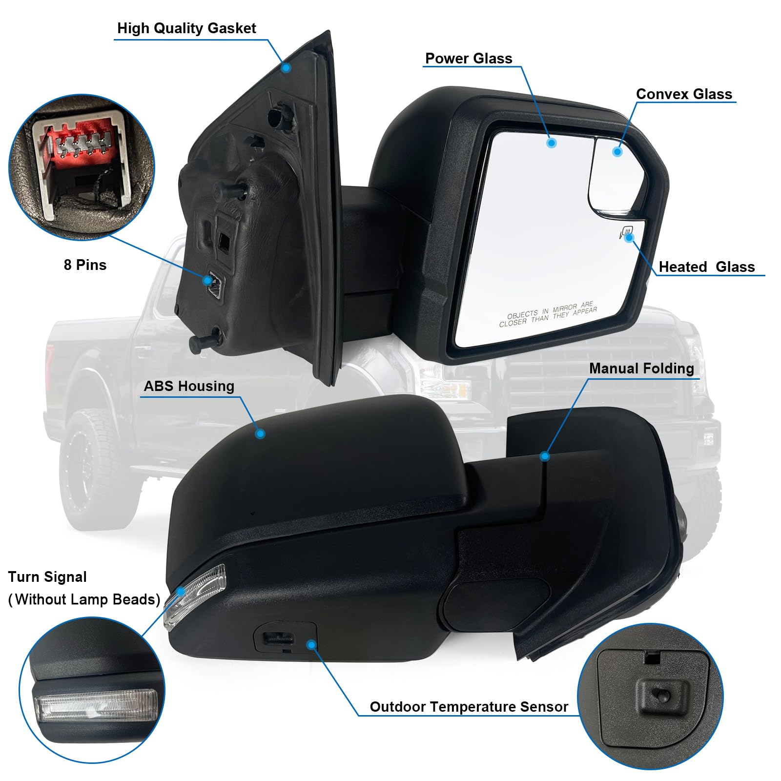 Lqito Right Passenger side Mirror with Power Glass, Outdoor Temperature Sensor,Turn Signal and Manual Folding Fits 2015-2020 For