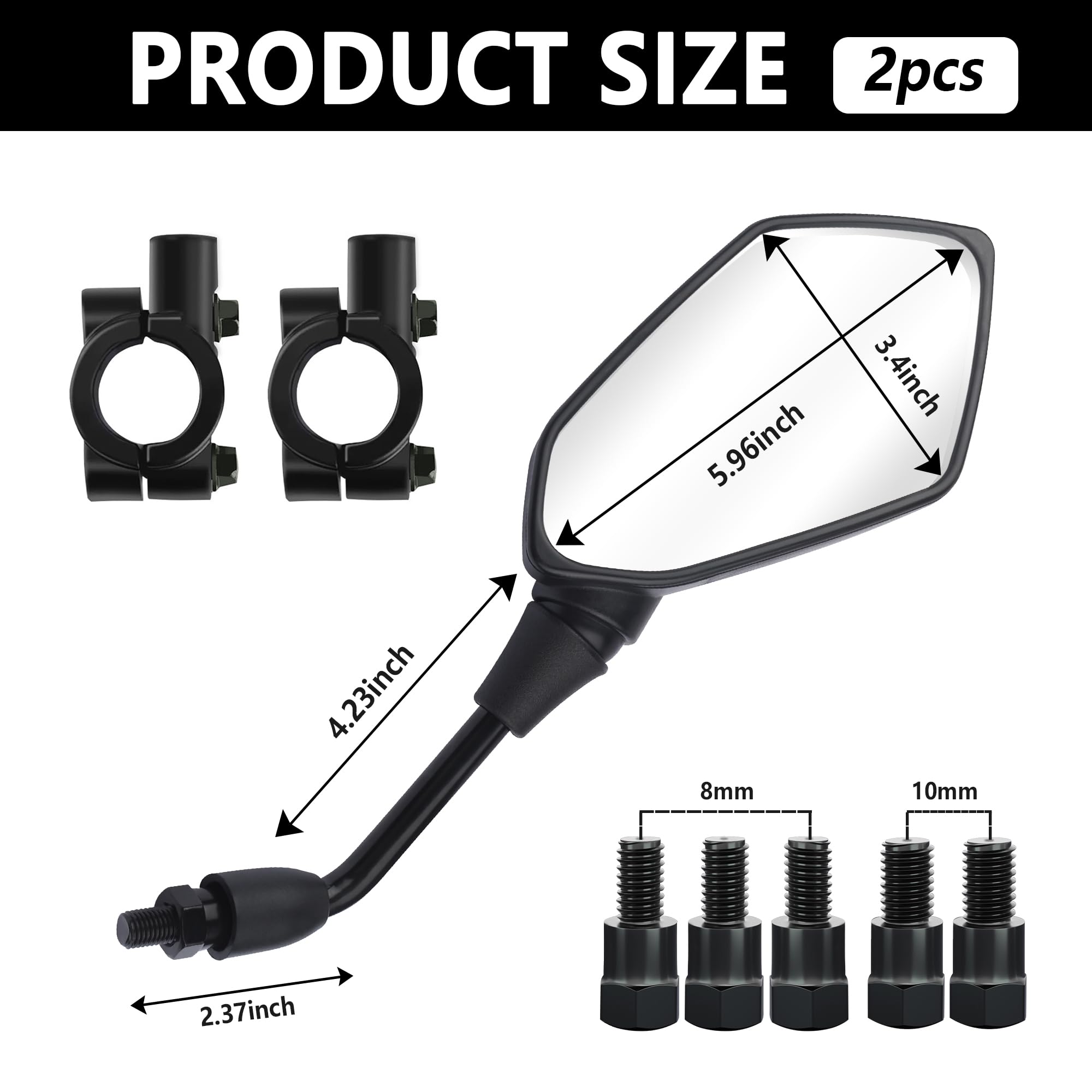 2Pcs Motorcycle Mirrors With 8Mm&10Mm Bolt,Hd Motorcycle Mirrors For Handlebars,360-Degree Adjustable Motorcycle Wide Angle Rear View Mirror Car Accessories For Scooter,Atv,Dirt Bike(Black)