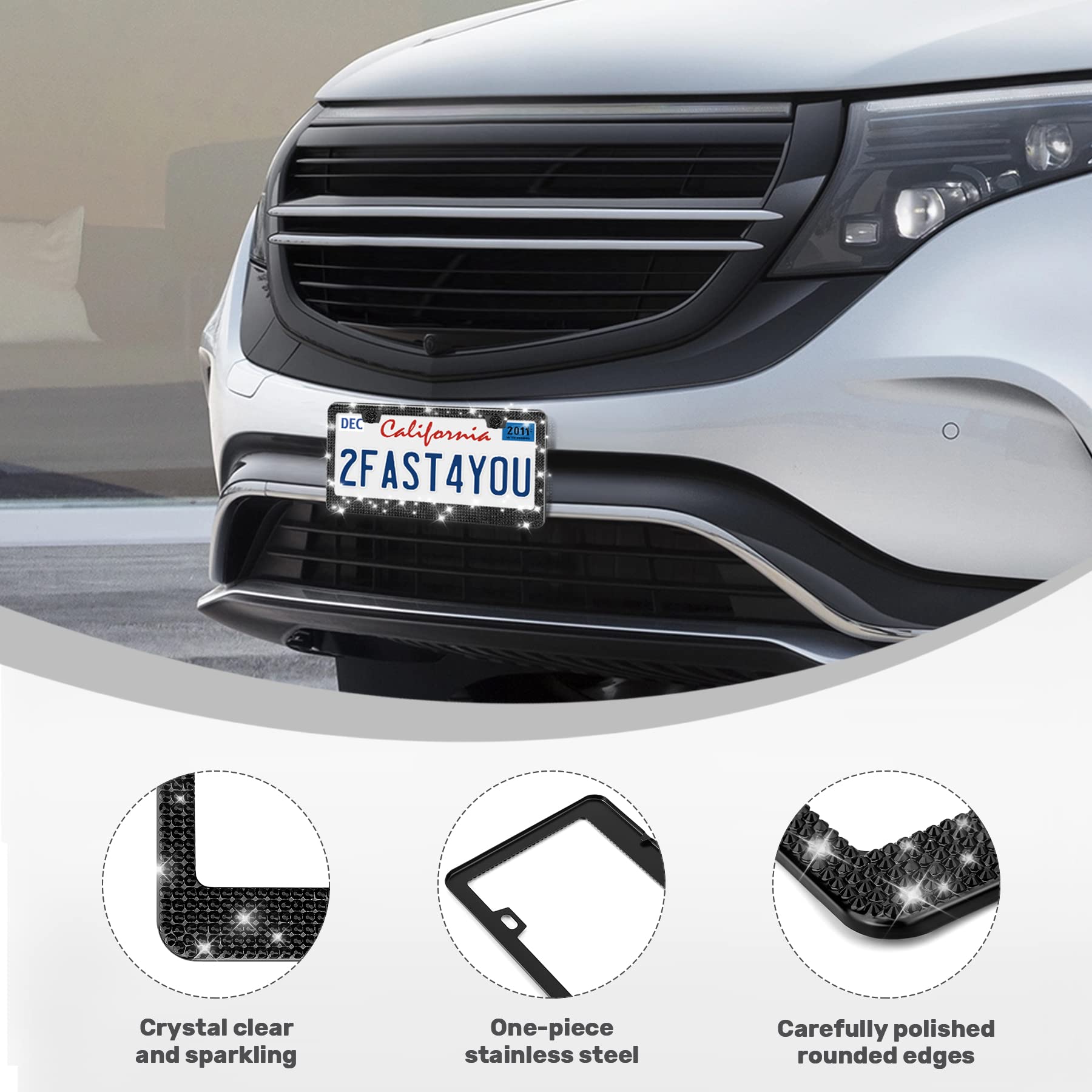 Quanqiufei 1 Pack Bling License Plate Frames, Sparkly Rhinestone Diamond Car License Plate Cover For Women, Stainless Steel Car