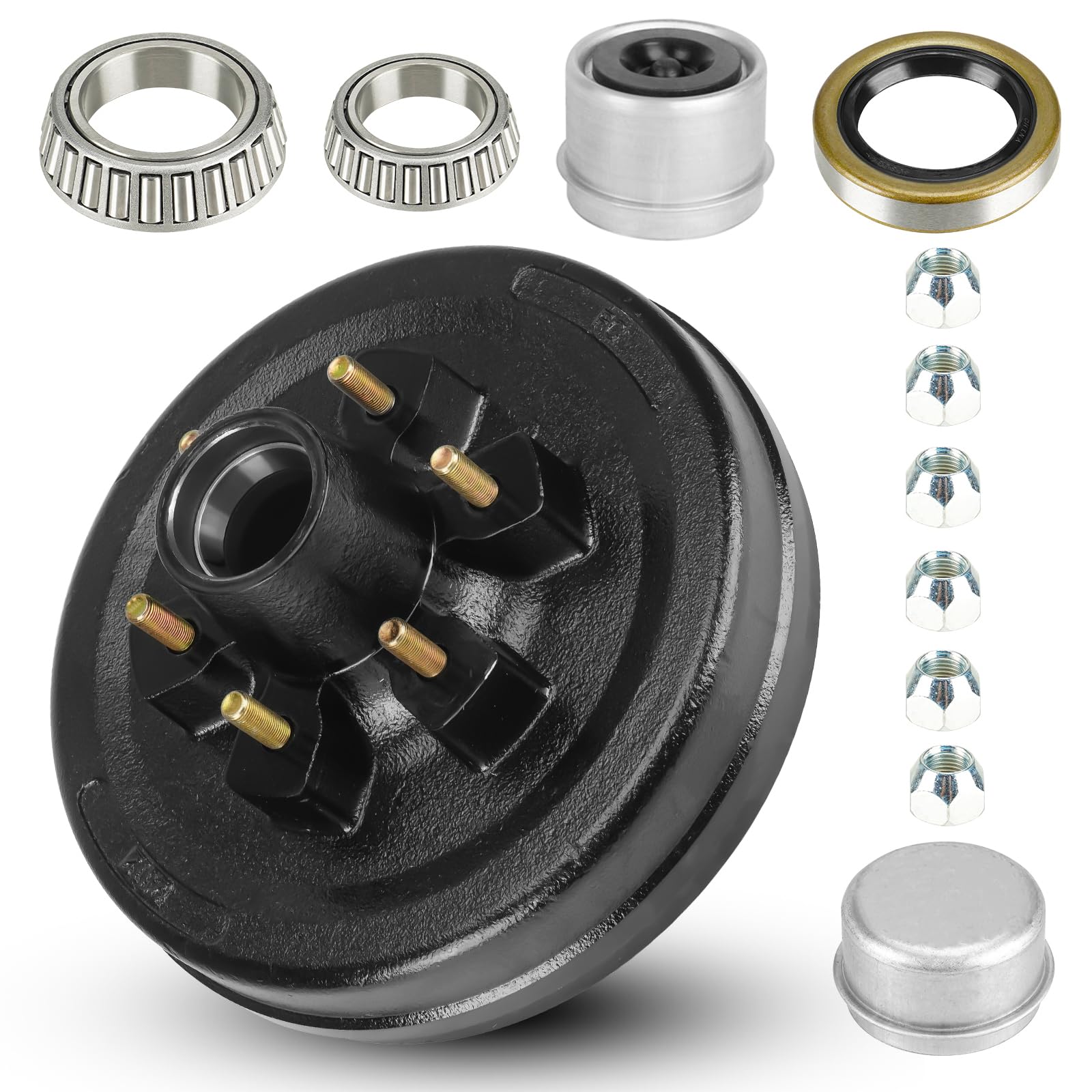 Trailer Brake Drum Kit, 6-Hole, 5.5'' Bolt Circle Brake Drum for 5200 lb, 6000 lb Axles, Replacement Brake Hub Drum Assembly for