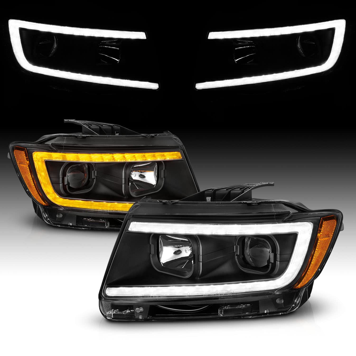 Amerilite For 2011-2013 Jeep Grand Cherokee Wk2 C-Type Led Switchback Tube Black Square Projector Headlight Assembly Pair - Pass