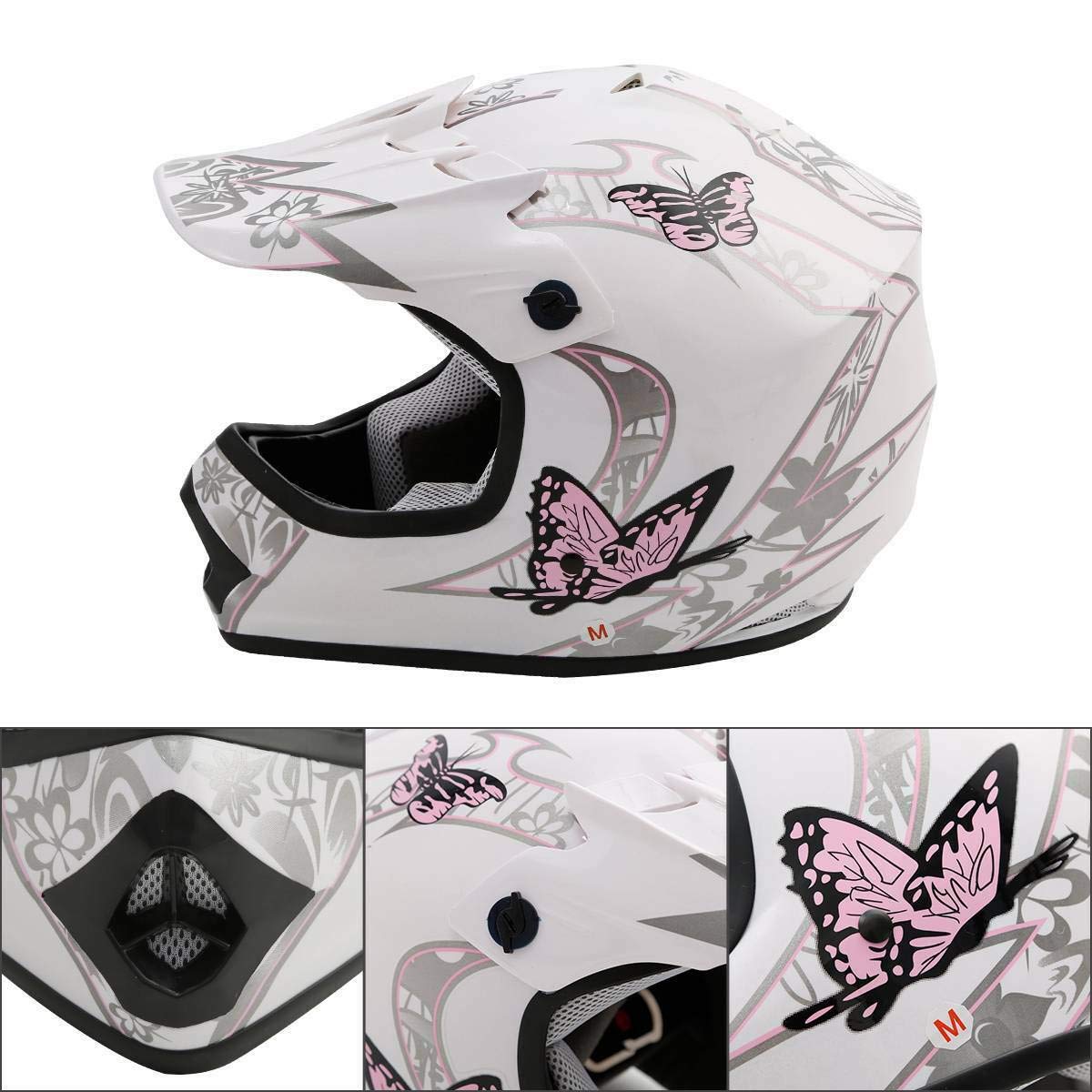 SLMOTO Youth Motocross Helmet, X-Large, Pink Butterfly Design, ABS Material with Goggles & Gloves