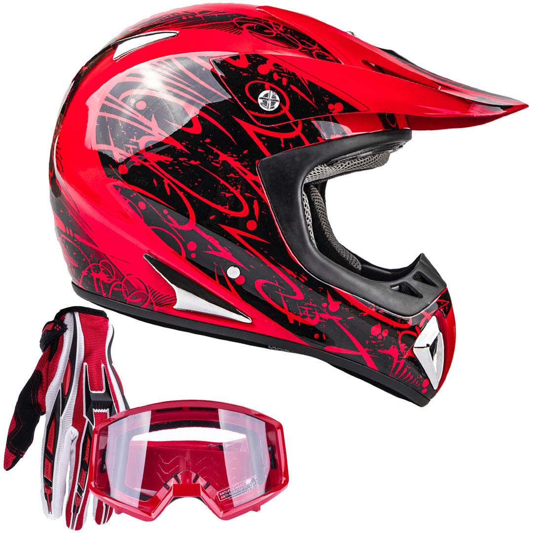 Typhoon Adult Atv Mx Helmet Goggles Gloves Gear Combo Red With Red ( Small )
