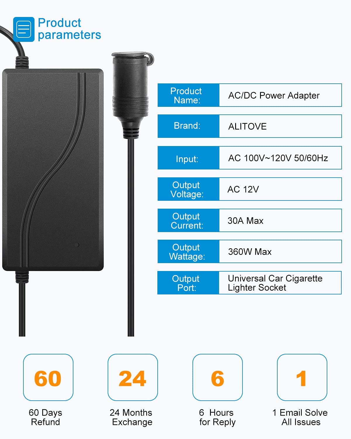 Alitove Ac To Dc Converter 110V To 12V 30A 360W Ac To Dc Adapter Car Cigarette Lighter Socket 120V To 12 Volt Power Supply 11Ft