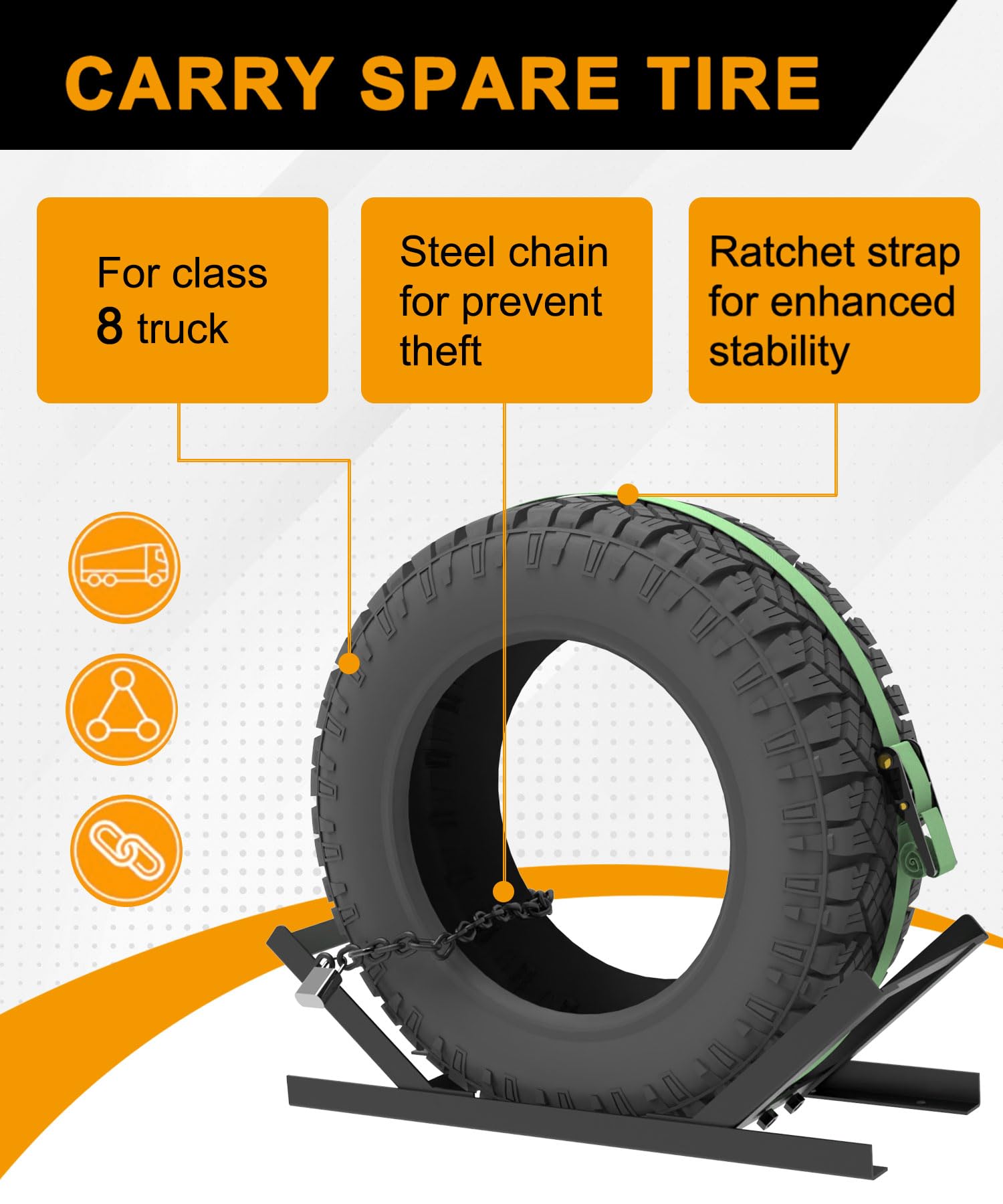 Autoholic Semi Truck Spare Tire Rack Spare Tire Holder Spare Tire Carrier V2.0 Base Reinforcement Orange or Green