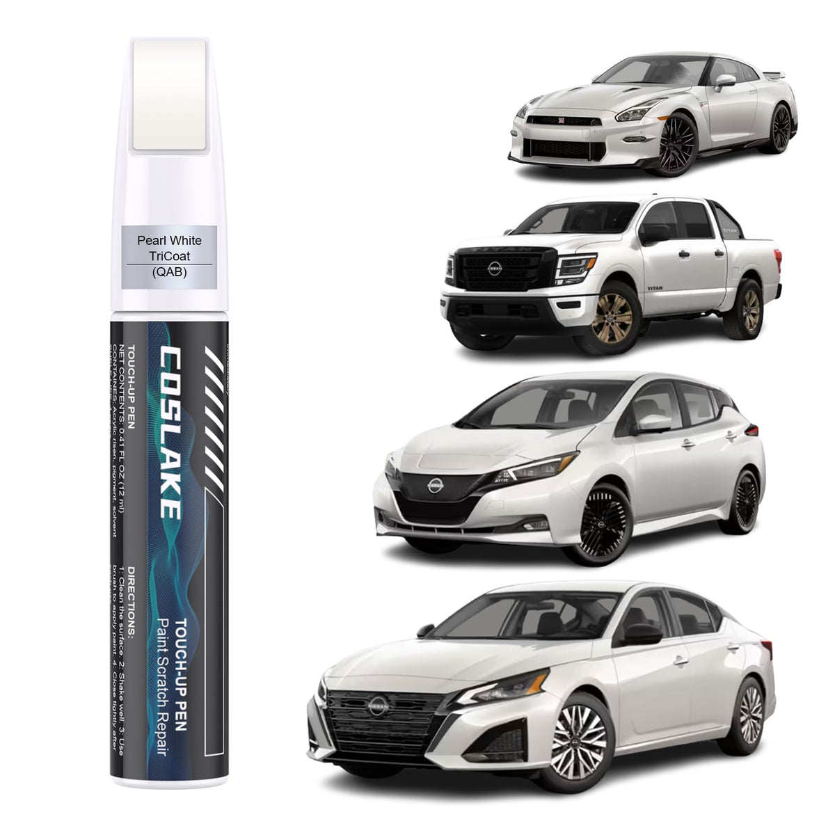 COSLAKE Car Touch Up Paint(Pearl White TriCoat(QAB)) for Nissan, Car Paint Scratch Repair Kit, Quick & Easy Solution to Repair, 