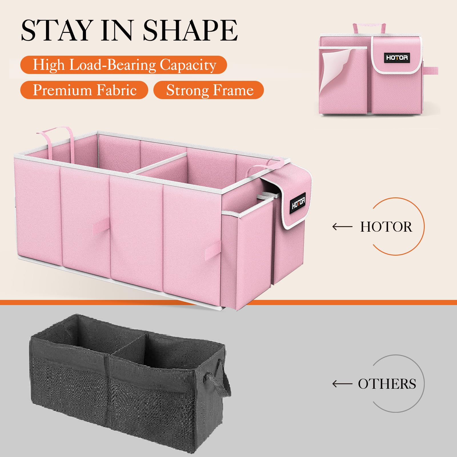 Hotor Foldable Trunk Organizer For Suvs & Sedans, Pink, 2 Compartments, 21.3 ''12.6 ''10.6