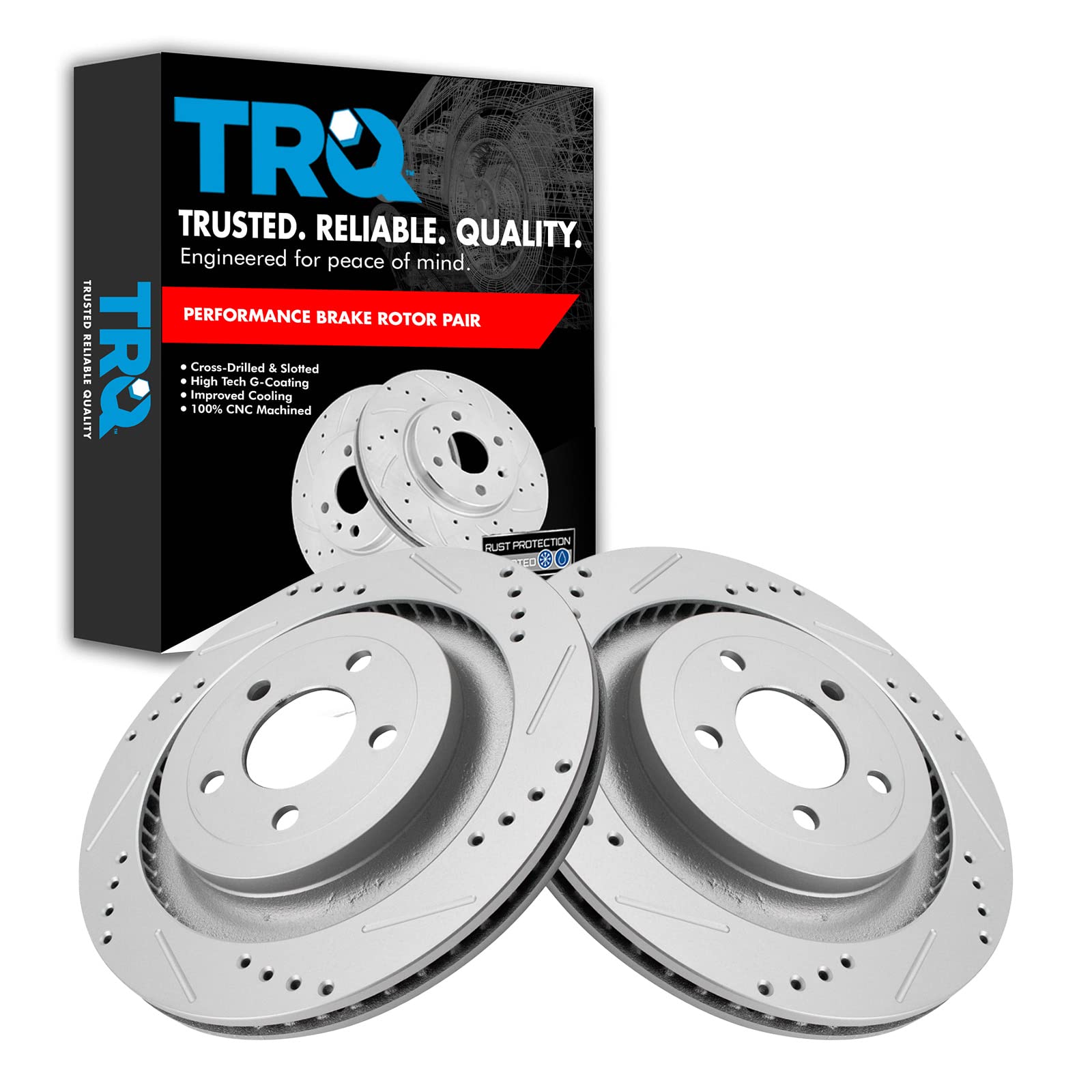 Trq Rear Performance Brake Rotors Set Premium G-Coated Cross Drilled & Slotted Compatible With 2015-2023 Ford Mustang
