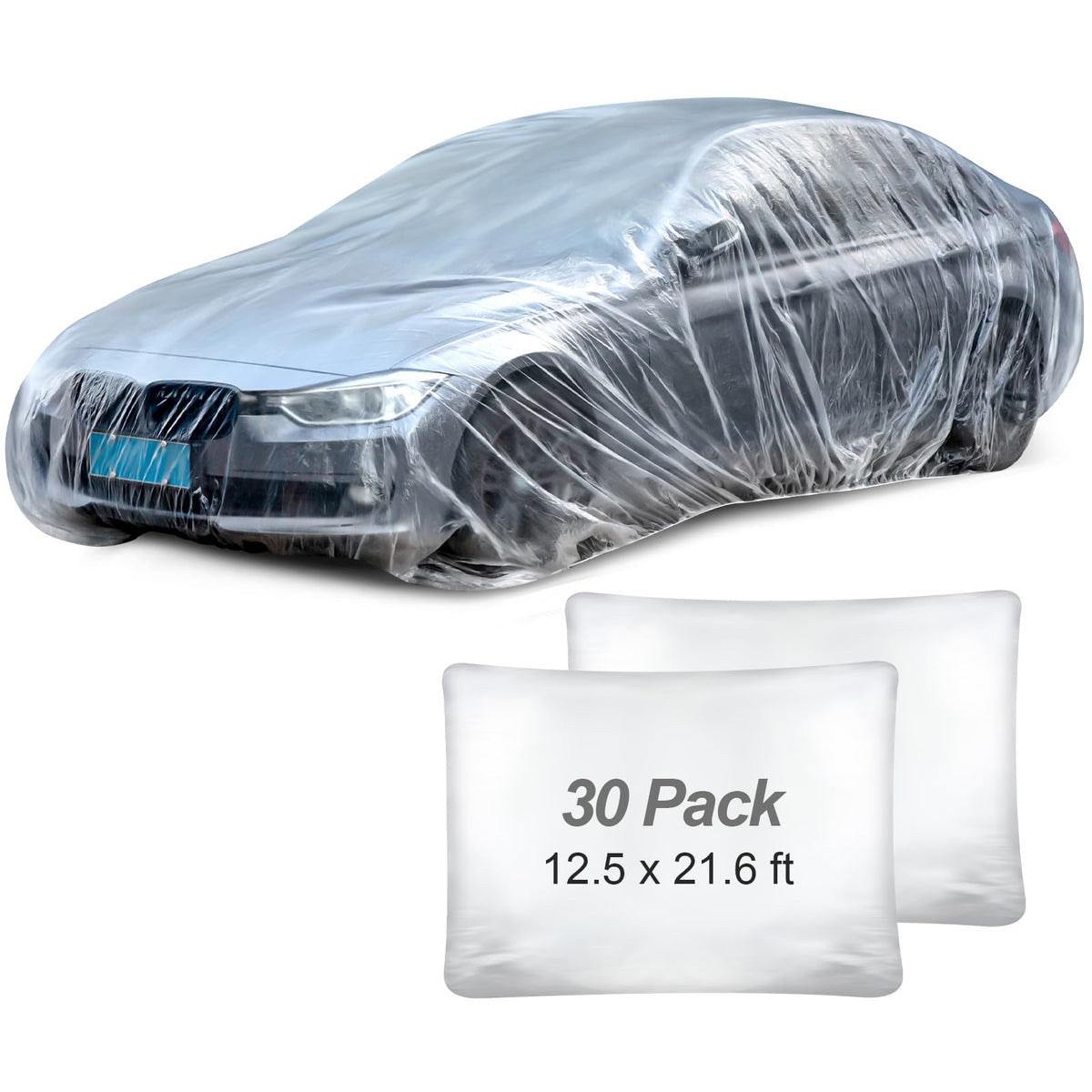 BBTO 30 Pack Universal Plastic Car Cover with Elastic Band Disposable Clear Car Covers Bulk 12.5 x 21.6 ft Waterproof Dustproof 