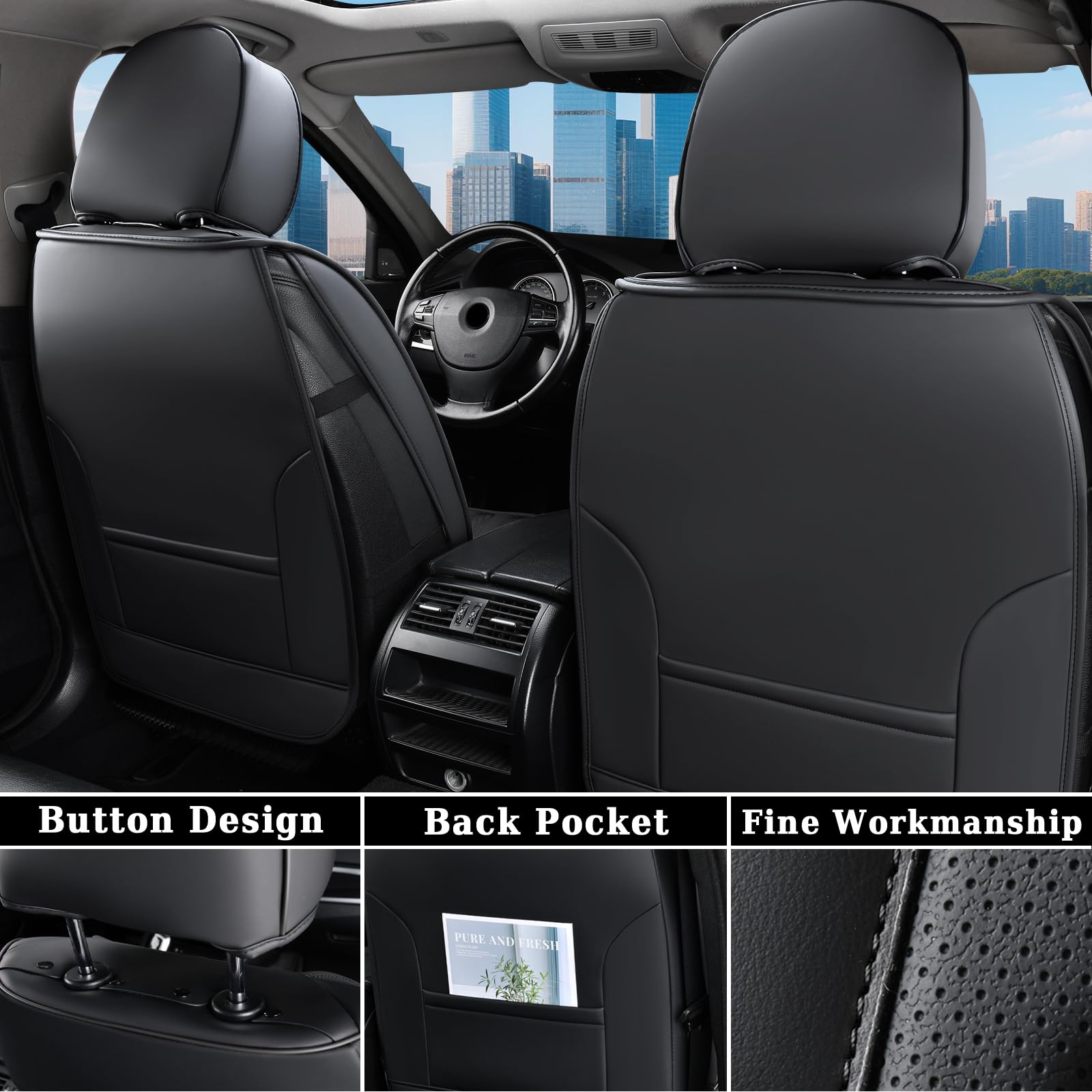 Coverado Front Car Seat Covers, 2 Pcs Waterproof Leather Seat Covers For Cars, Sideless Black Seat Covers Auto Seat Cushions Wit