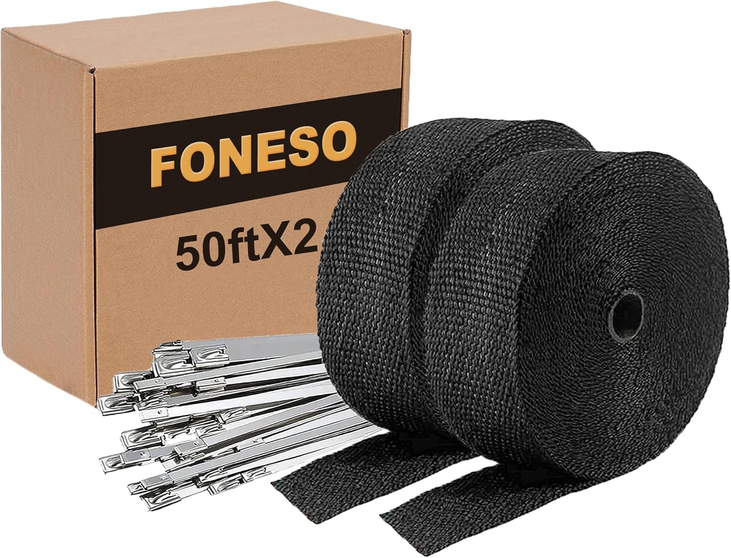 Foneso 2 Rolls 2 '' x 50 ' Black Exhaust Heat Wrap Roll for Motorcycle Fiberglass Heat Shield Tape with Stainless Ties with 24 T