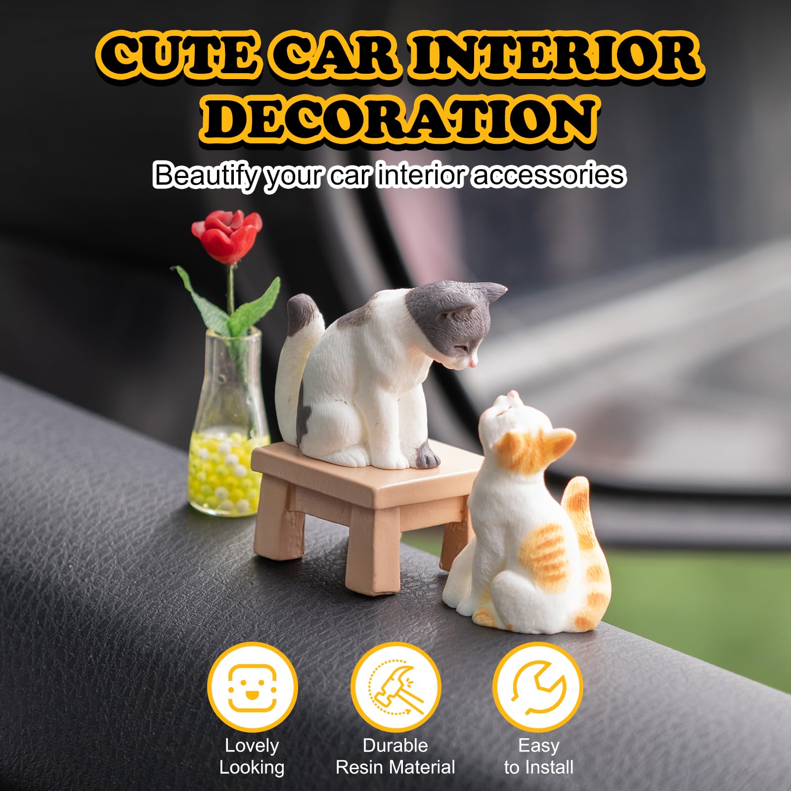 Rislobx Cat Car Dashboard Decoration, 4PCS Mini Cute Cat Car Accessories Door Rearview Mirror Ornament Interior Decor