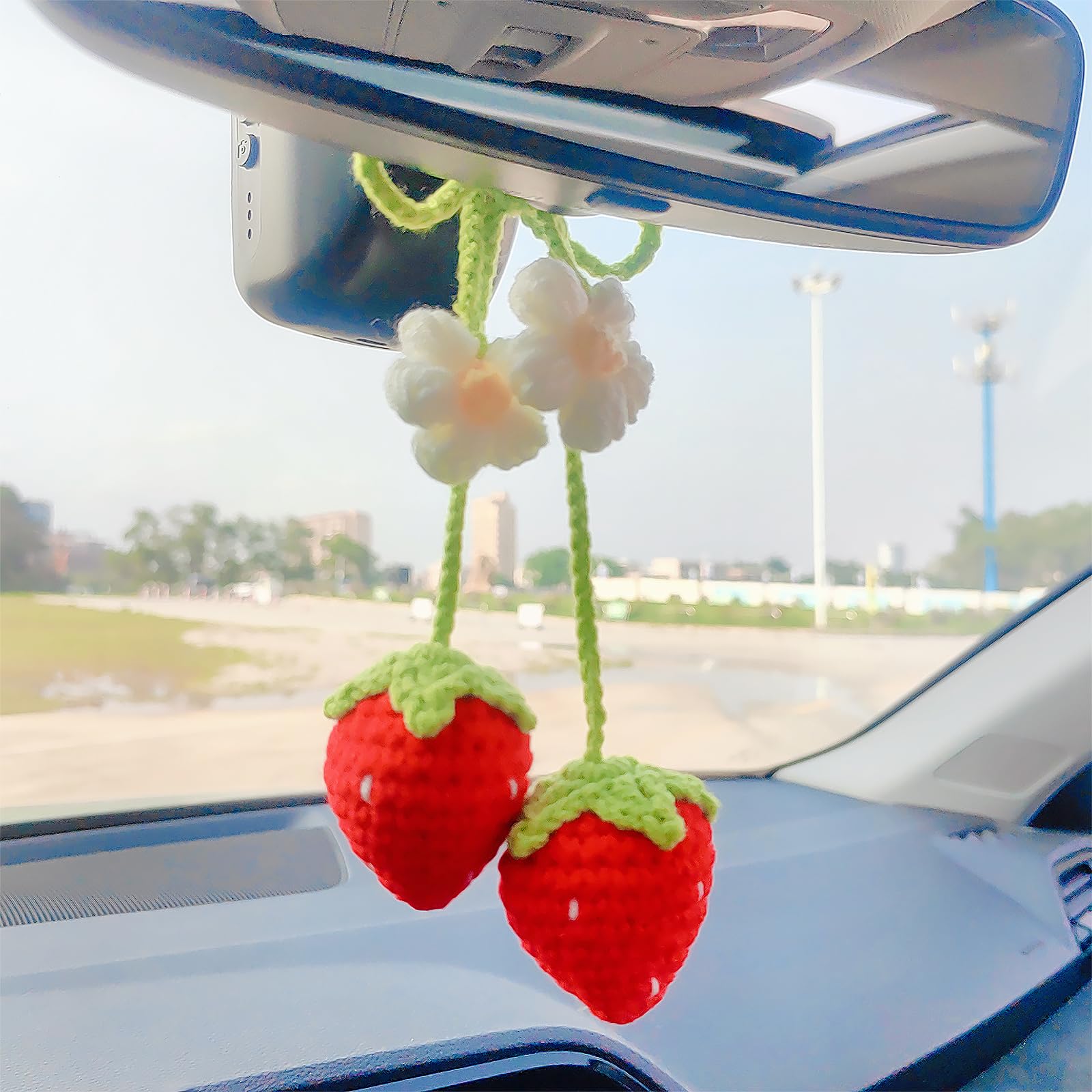 Crochet Strawberry Rear View Mirror Hanging Accessory, Flower Car Interior Ornament, Cute Hanging Decor for Women, Bag Charm
