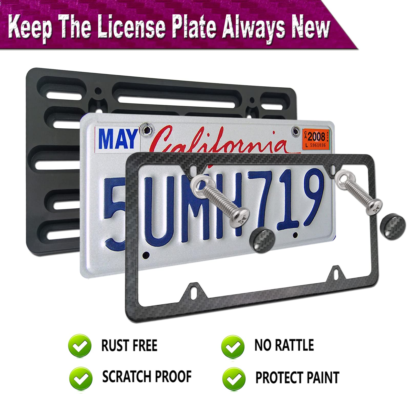 Zxfoog Front License Plate Mounting Kit- Bumper License Plate Bracket & Aluminum Carbon Pattern Car Tag Frame, Universal No Drilling Hole Adapter For Truck/Trailer, With Screws Cap, Rattle Proof Pad