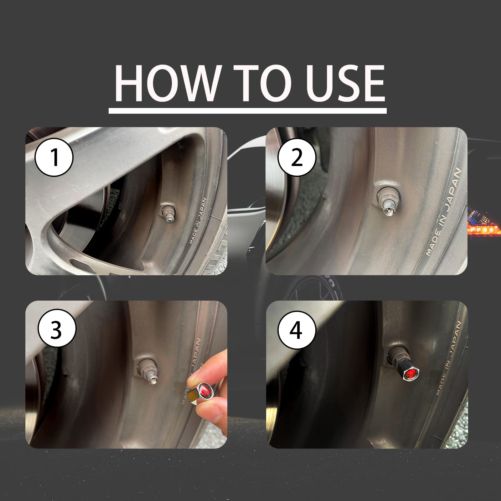 Ajxn 4 Pack Skull Car Wheel Tire Valve Stem Caps Airtight Dust Proof Covers Universal Tire Air Valve Caps For Cars, Trucks, Bicycles, Car Accessories For Adults (Red)