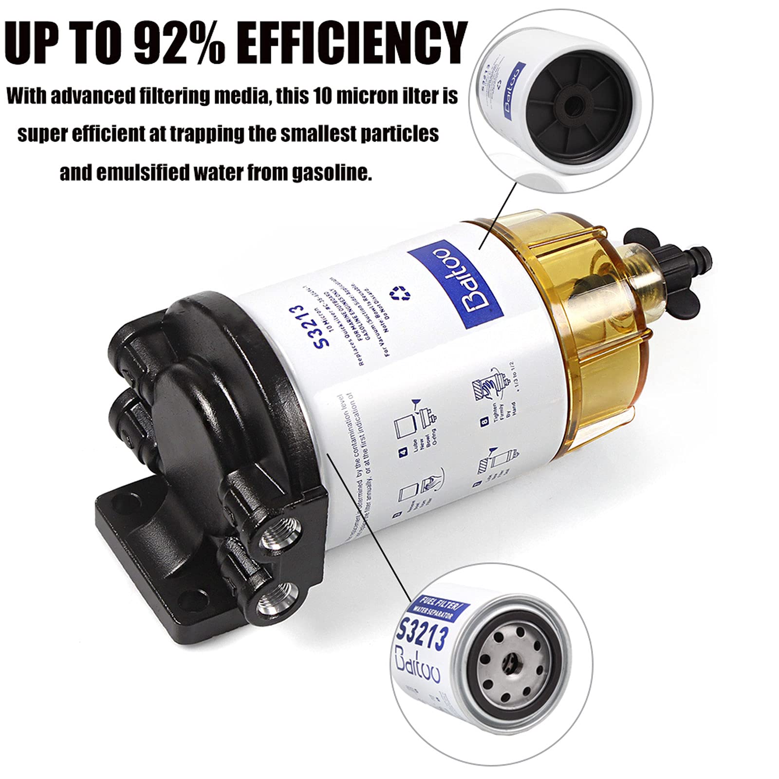 Bartoo S3213 Fuel Water Separator Marine,3/8 Inch Npt Port For Outboard Motor Mercury 35-60494-1 Yamaha Racor Sierra Engine Boat
