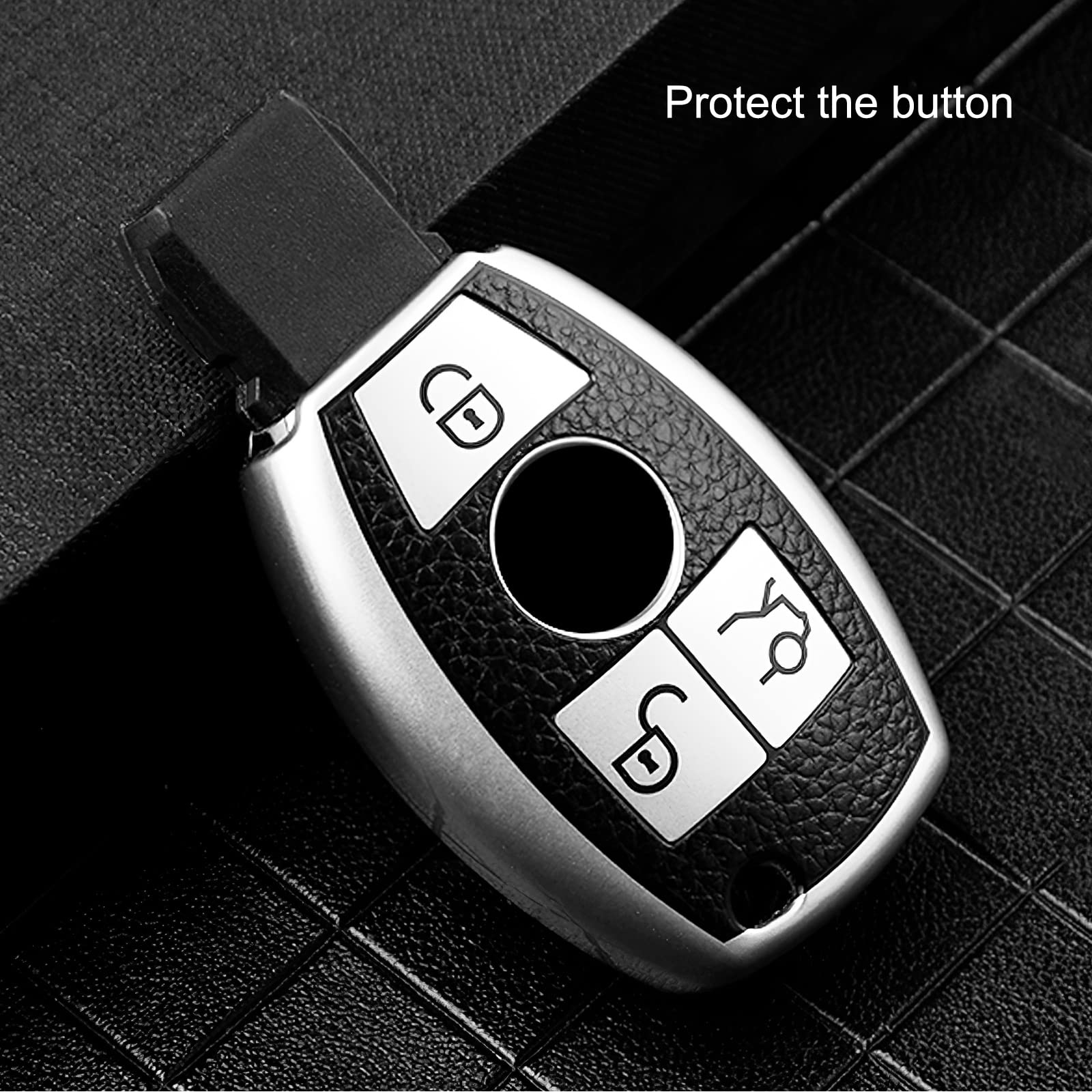 ELOHEI Mercedes Benz Key Fob Cover - Premium Soft TPU, Leather Texture Silver, Compatible with C E S M CLS CLK G Class Keyless Smart Key