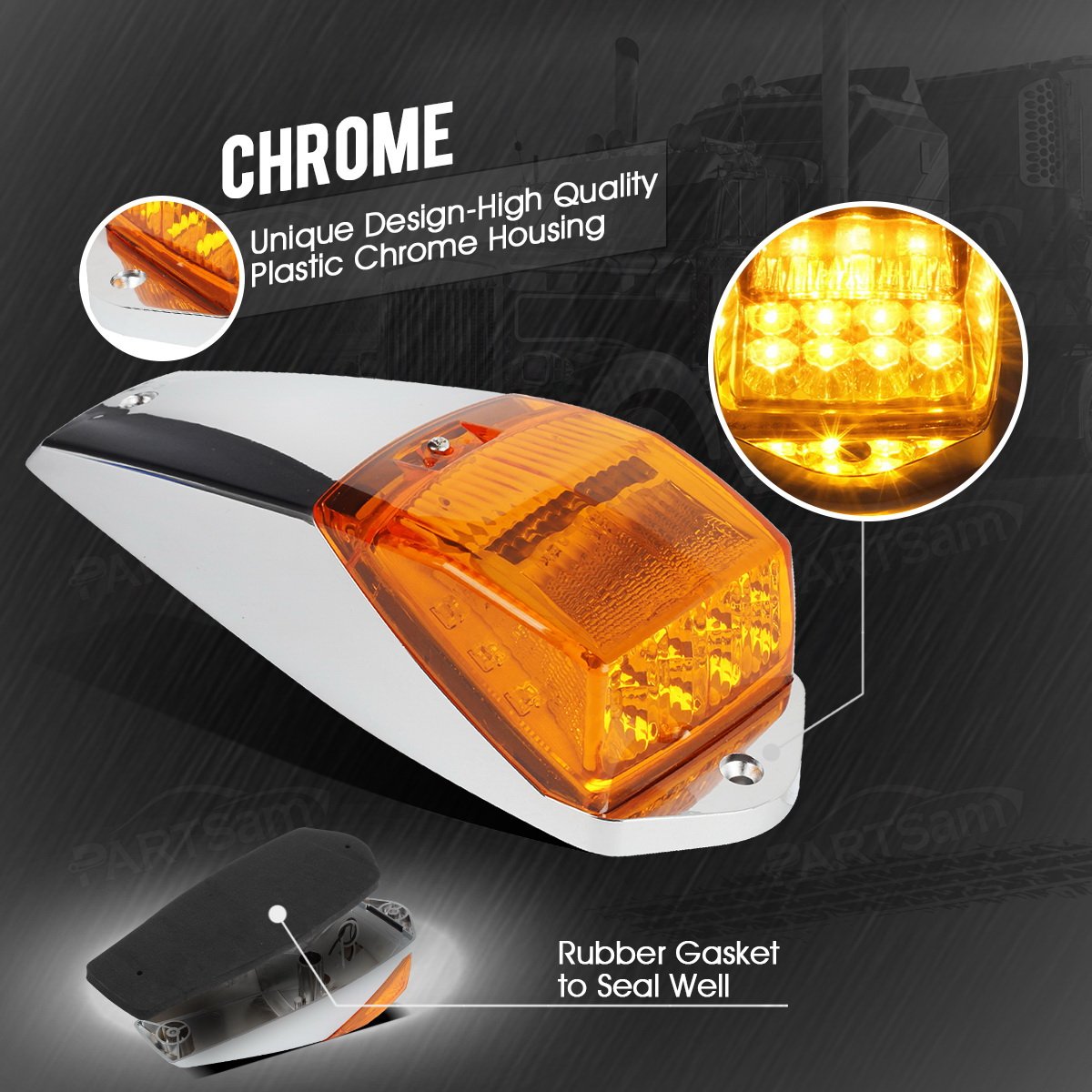 Partsam 5Pcs Truck Cab Marker Light 17 Led Amber Top Roof Running Lights W/Chrome Base Truck Trailer Light Replacement For Peter