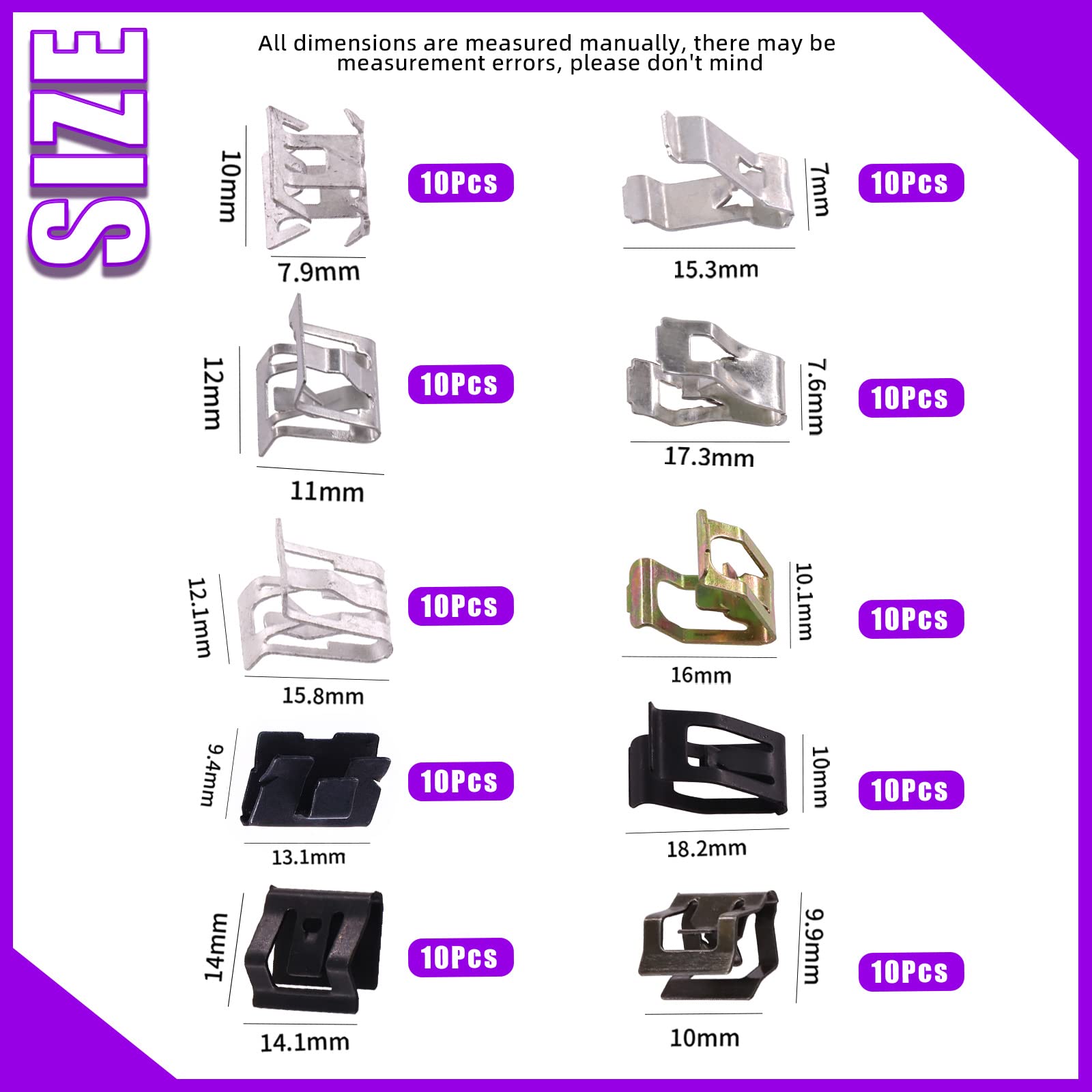 Swpeet 100Pcs 10 Sizes 7.9Mm 10Mm 11Mm 13.1Mm 14.1Mm 15.3Mm 15.8Mm 16Mm 17.3Mm 18.2Mm Metal Trim Panel Spring Clip Auto Car U-Clip Trim Moulding Clip Kit Compatible With Vw Audi 4A0-867-276A