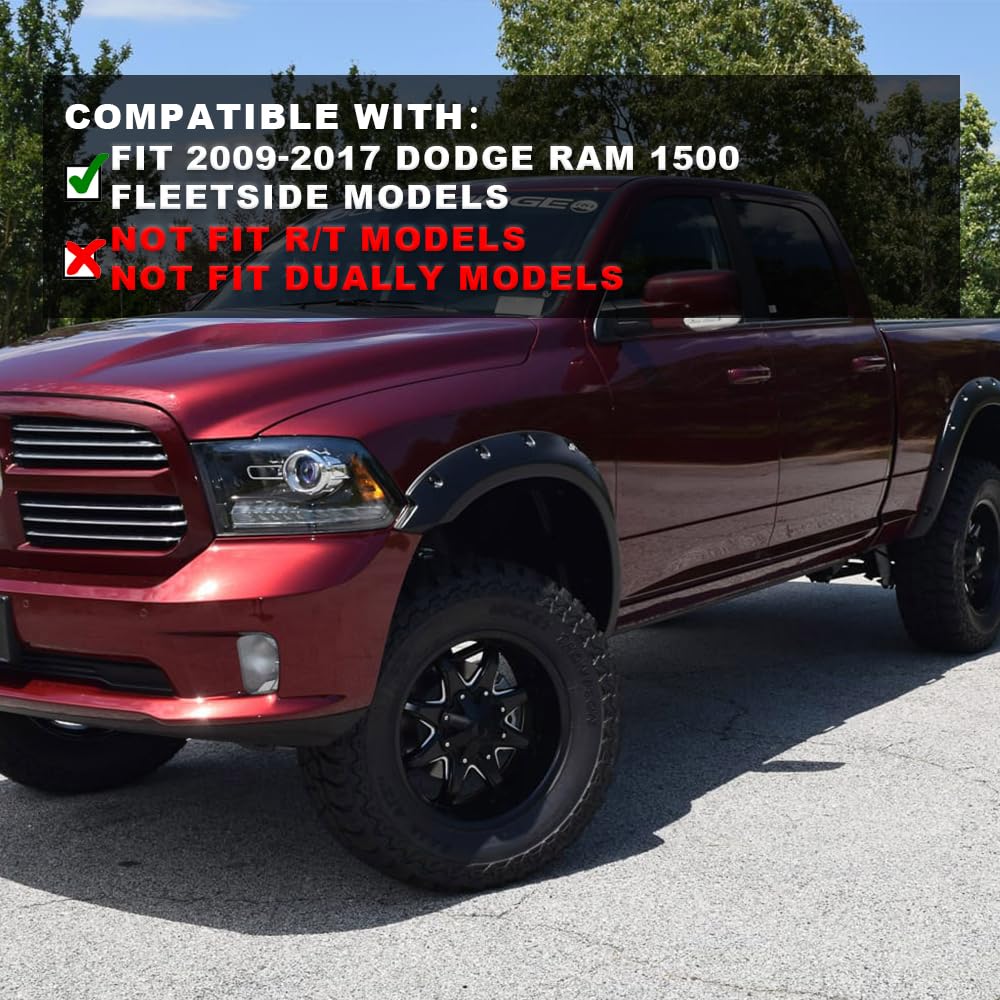PIT66 Fender Flares, Compatible With Dodge Ram 1500 2009-2018/Compatible With Ram 1500 Classic (Excludes R/T & Rebel) 19-22 Pain