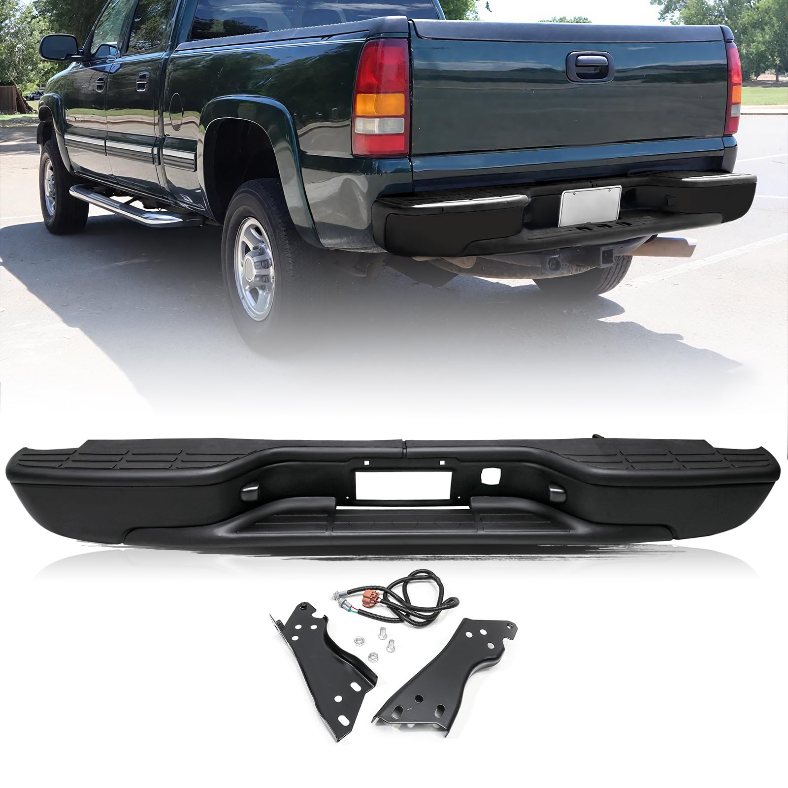 Aosky Black Rear Step Bumper Assembly for 1999-2006 Chevy Chevrolet Silverado 1500 & GMC Sierra 1500 2500 w/o Sensor Hole Back B