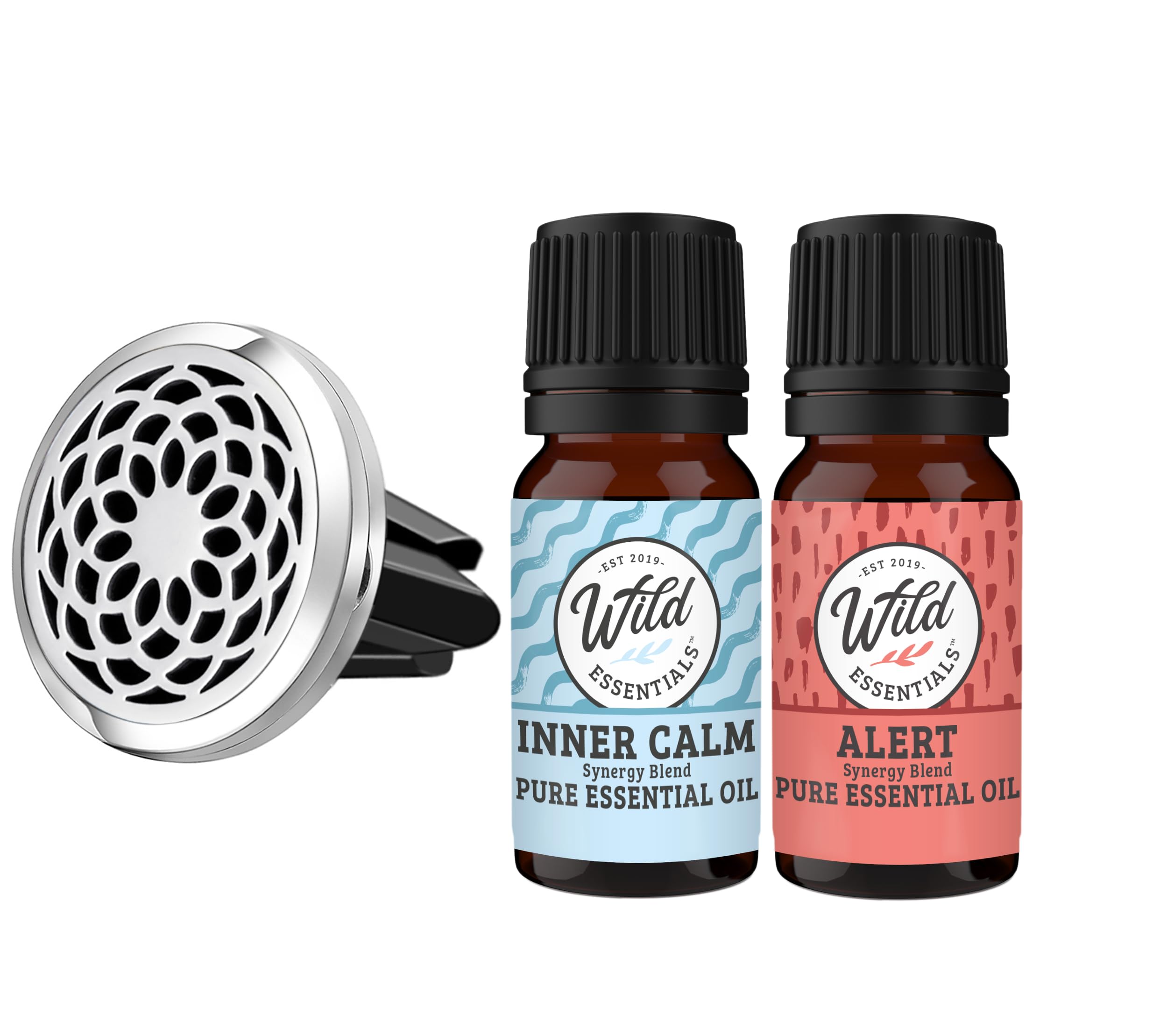 Wild Essentials Sunflower Essential Oil Car Vent Diffuser Kit - 316L Stainless Steel Locket, Rubber-Coated 4-Way Clip, 8 Color P