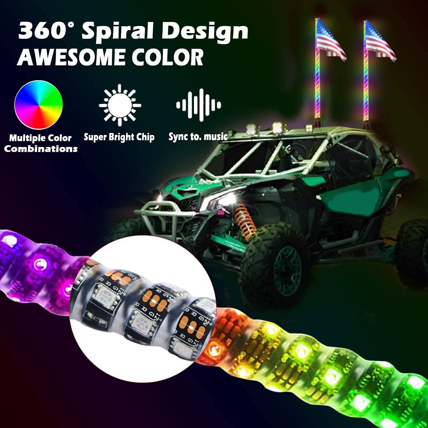 OHMU 2Pcs 3FT LED Whip Lights and 3rd-Gen Rock Lights Kit with Bluetooth and Remote Control 360 Spiral Chase RGB 8 Pods Neon Lig